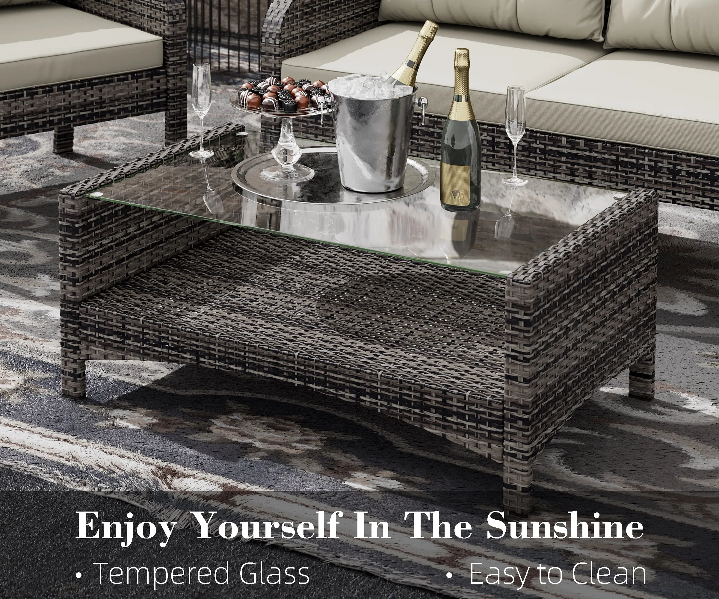 Bifanuo 4-Piece Patio Furniture Set Outdoor Rattan Wicker Sofa Set with Cushions & Coffee Table, Conversation Sofa Set with Tempered Glass Table Top - Womvr