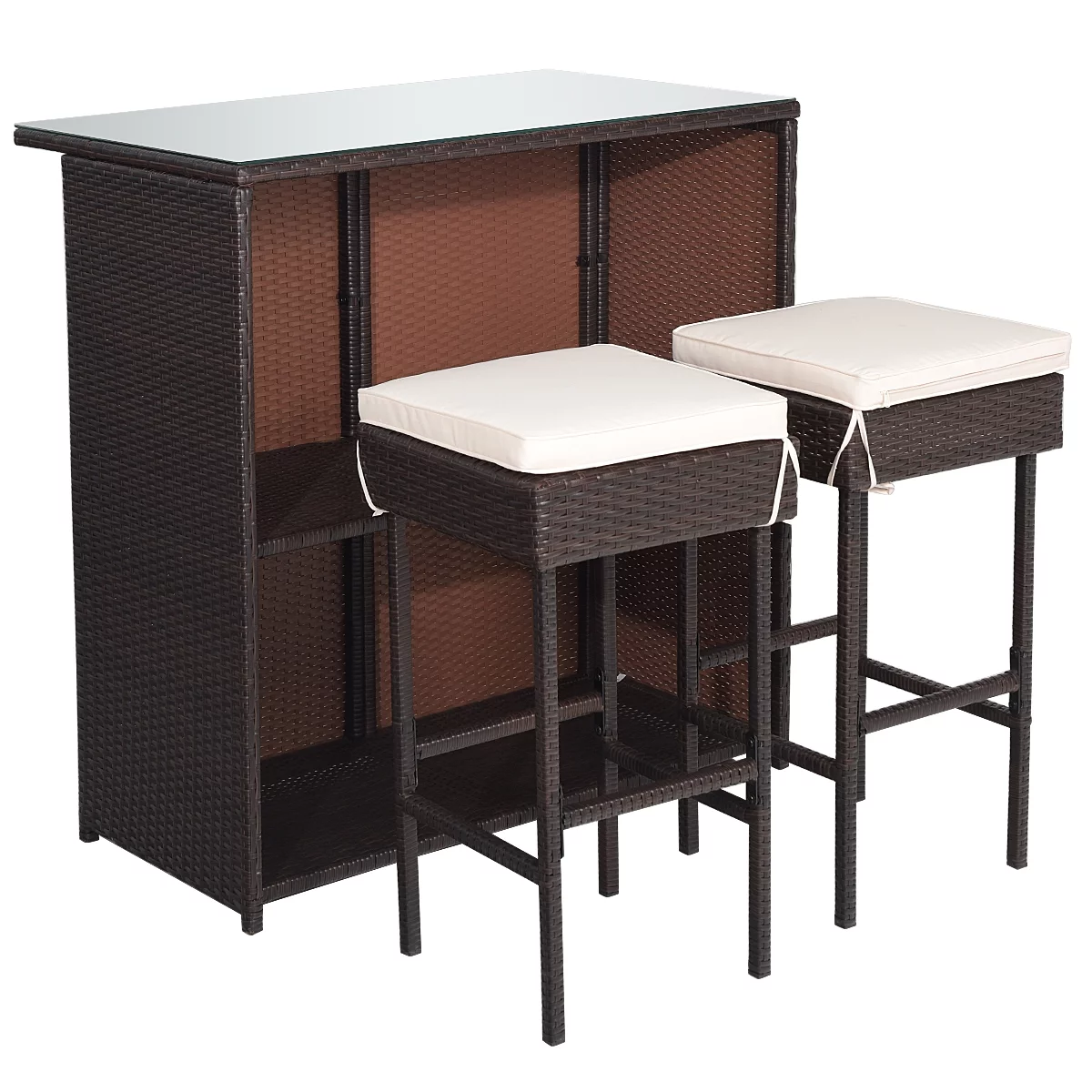 Costway 3PCS Patio Rattan Wicker Bar Table Stools Dining Set Cushioned Chairs Garden - Womvr