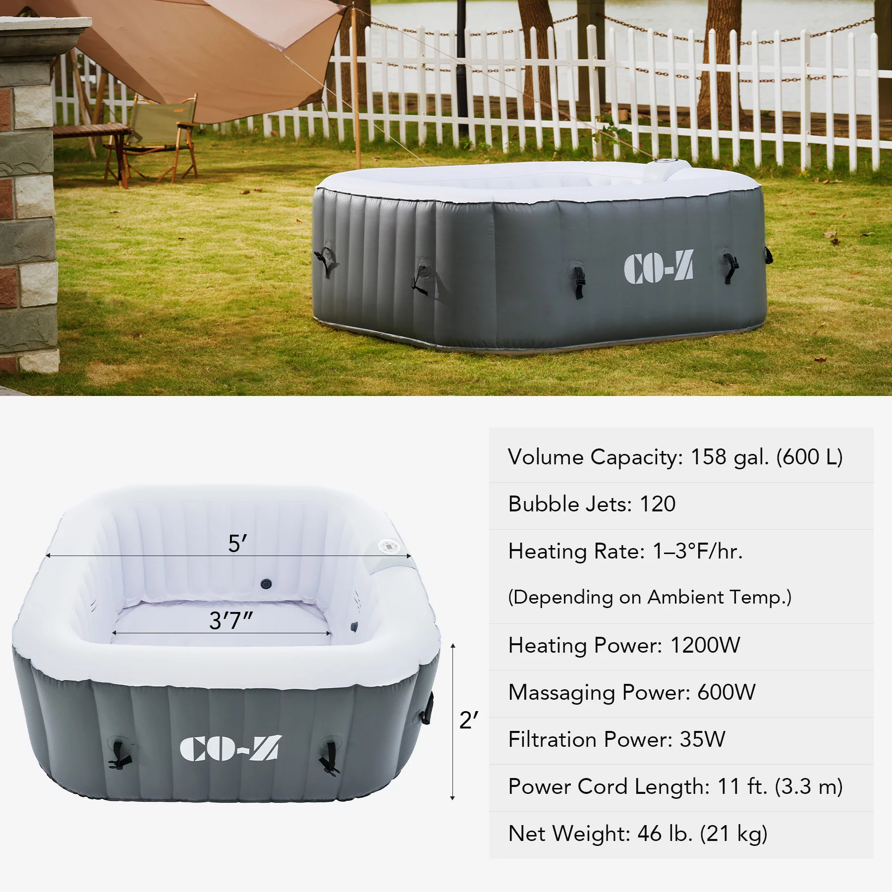 CO-Z 4-6 Person 7' Blow-Up Hot Tub with 130 Air Jets Cover Electric Pump Portable Pool, Gray - Womvr