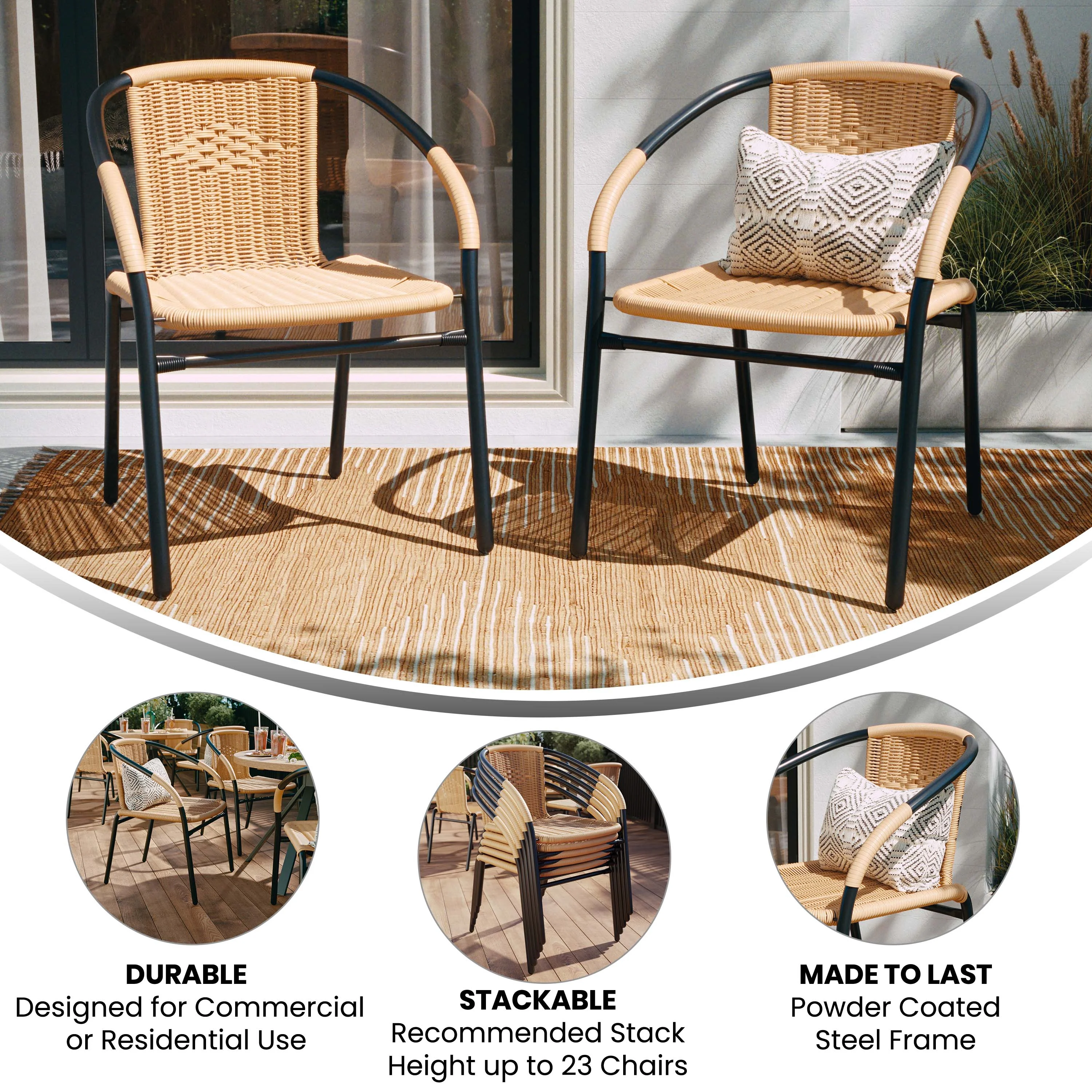 Emma + Oliver 2 Pack Gray Rattan Indoor-Outdoor Restaurant Stack Chair with Curved Back - Womvr