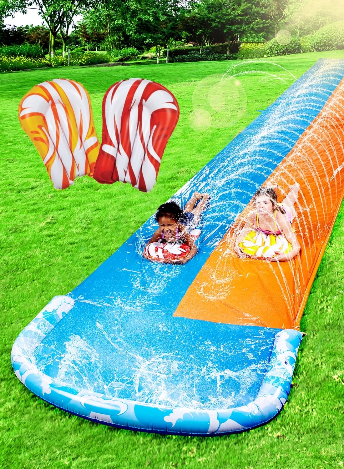 Syncfun 22.5ft Water Slides and 2 Bodyboards, Lawn Backyard Waterslides Water Toy with Build Sprinkler for Kids Outdoor Water Fun - Womvr