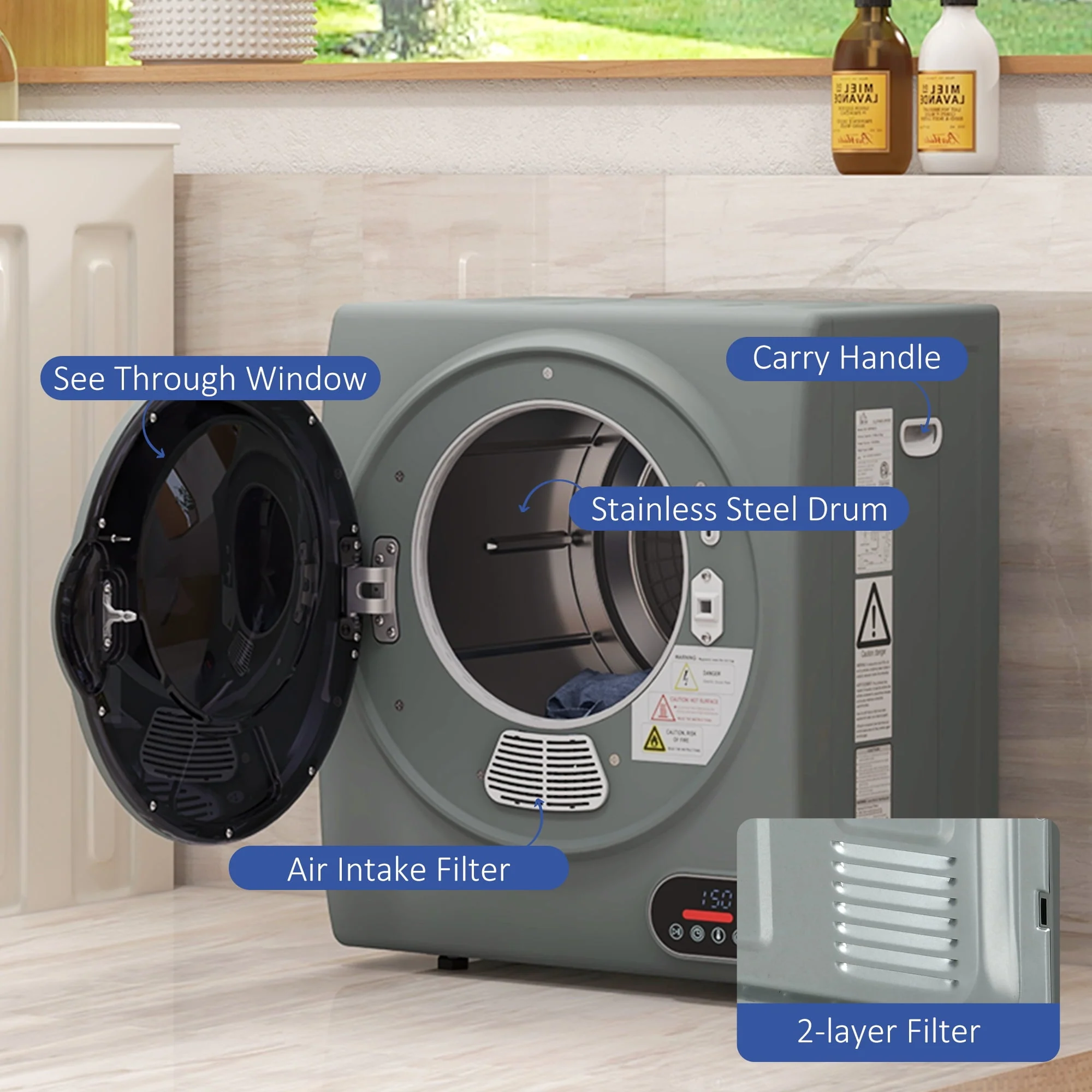 HOMCOM Portable Clothes Dryer 120V 850W Laundry Dryer for Apartment, Gray - Womvr