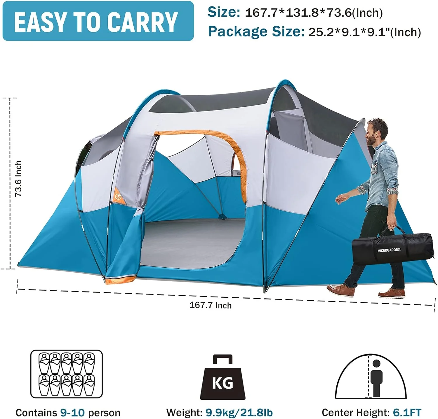 10 Person Camping Tent - Portable Easy Set Up Family Tent for Camp, Windproof Fabric Dome Tent Outdoor for Hiking, Backpacking, Traveling-14'x11'x74in(H) - Womvr