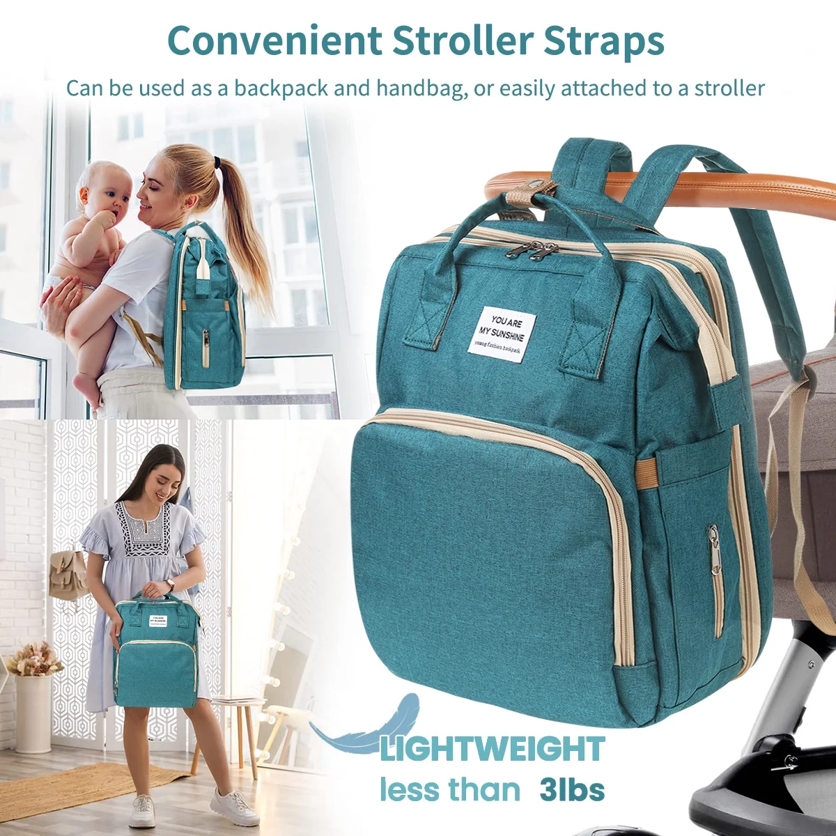 Diaper Bag Backpack,Multifunction 3 in 1 Waterproof Travel Back Pack,Baby Changing Bags with Changing Pad, Stroller Straps, Unisex, Green - Womvr