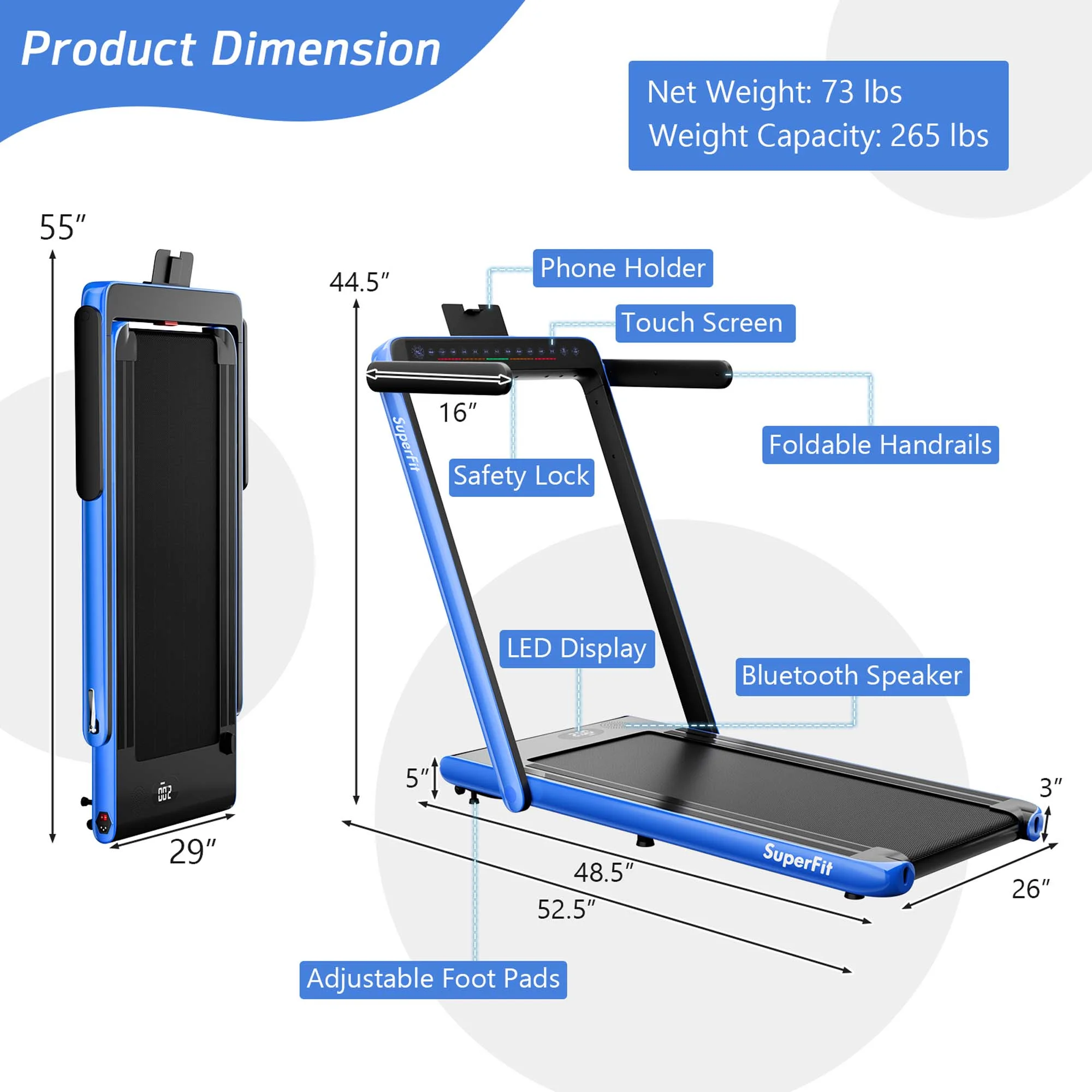 SuperFit Up To 7.5MPH 2.25HP 2 in 1 Dual Display Screen Folding Treadmill Jogging Machine W/APP Control Silver - Womvr