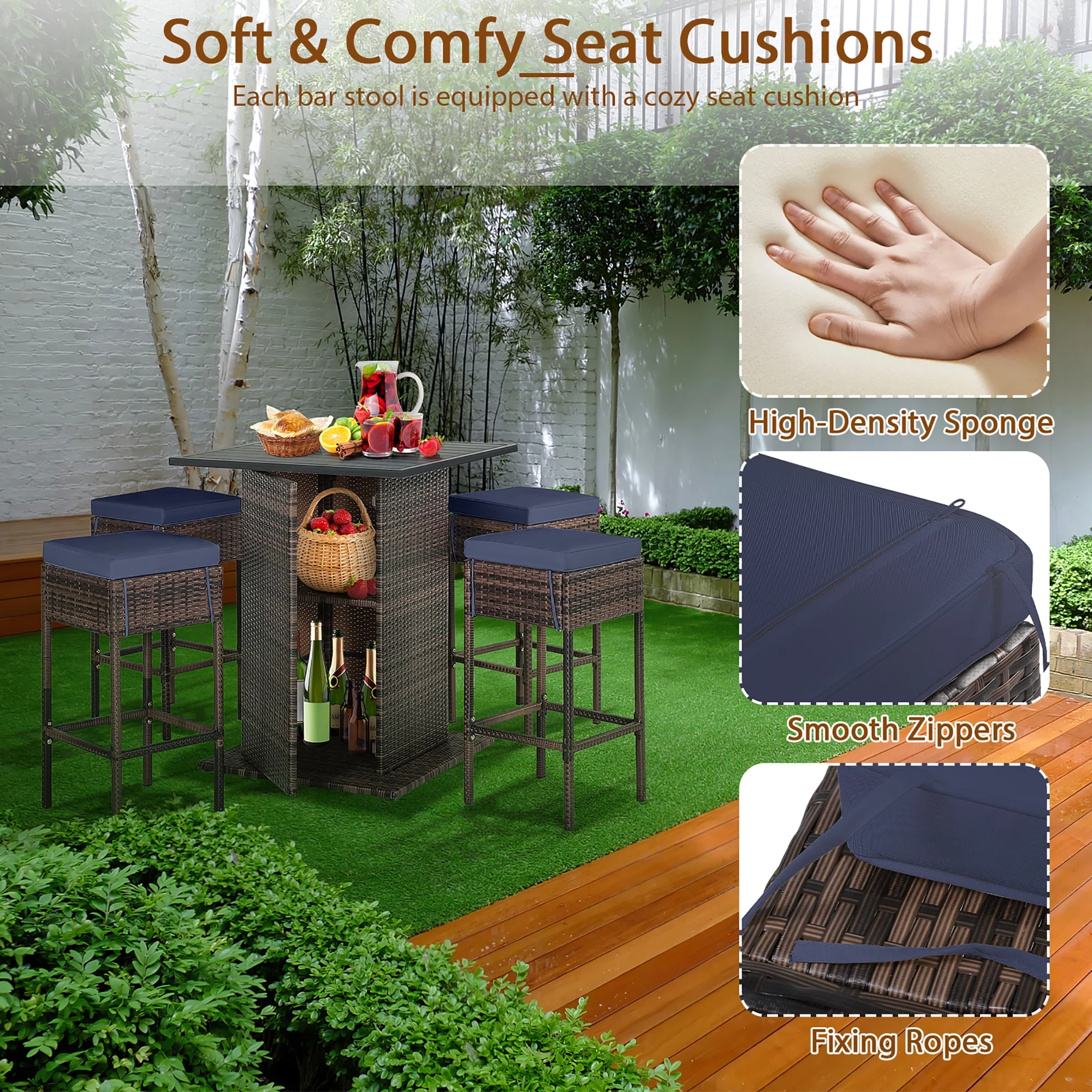 Gymax 5PCS Patio Bar Set Rattan Bar Furniture Set w/ Table & 4 Cushioned Stools Navy - Womvr