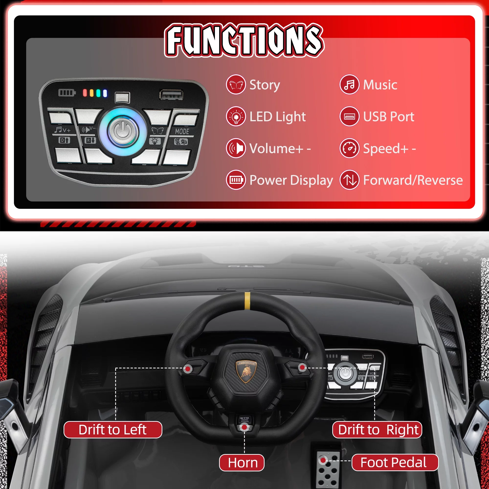 TOBBI 24V Lamborghini STO Licensed Kids Ride on Drift Car Gray Electric Car W/Remote Control LED Lights, up to 10 mph - Womvr