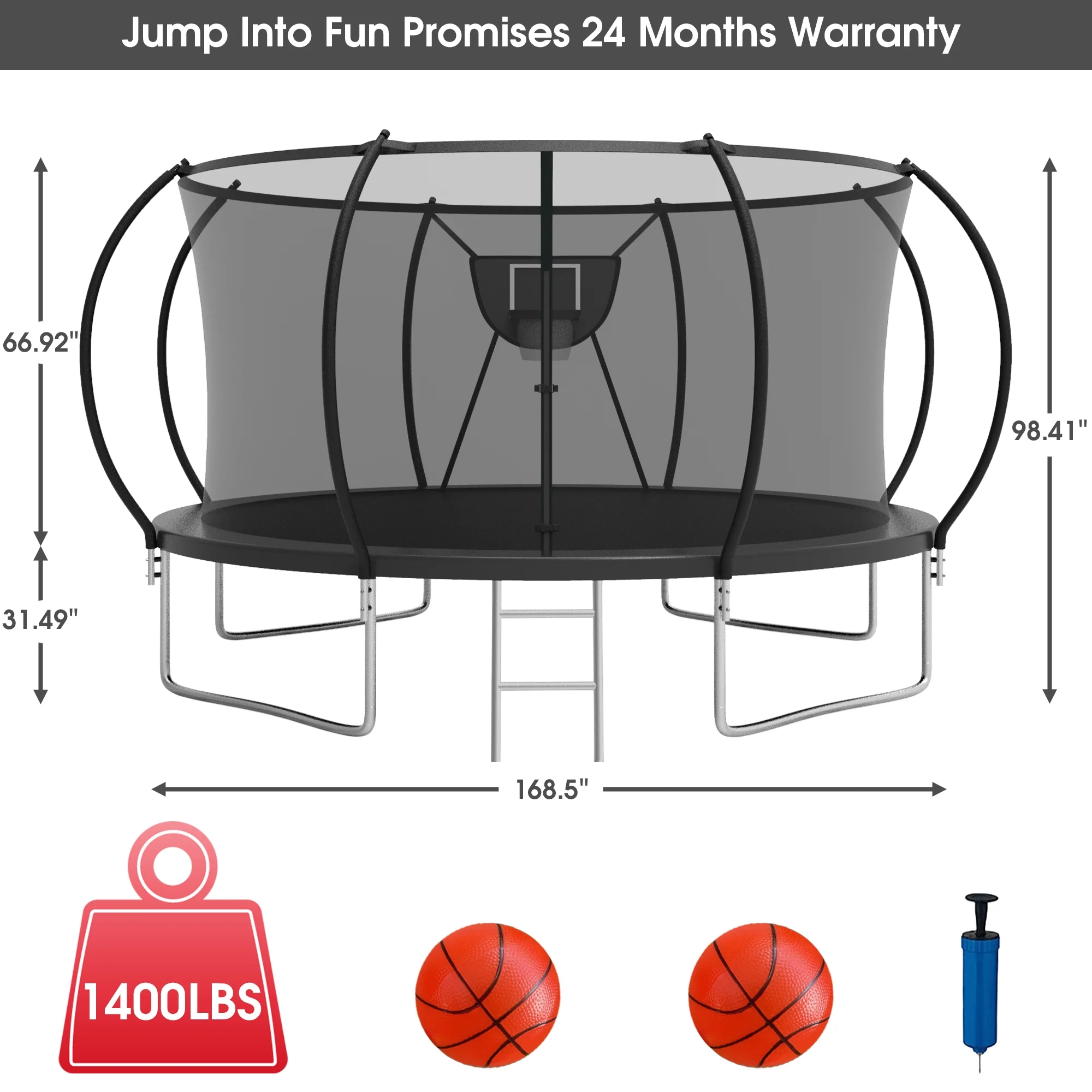 Jump Into Fun Trampoline 12FT 14FT, Trampoline with Enclosure, Basketball Hoop, 2 Balls, LED Light, Sprinkler and Socks, 1400LBS Trampoline for 1-2 Adults/ 4-5 Kids, Outdoor No Gap Design Trampoline - Womvr