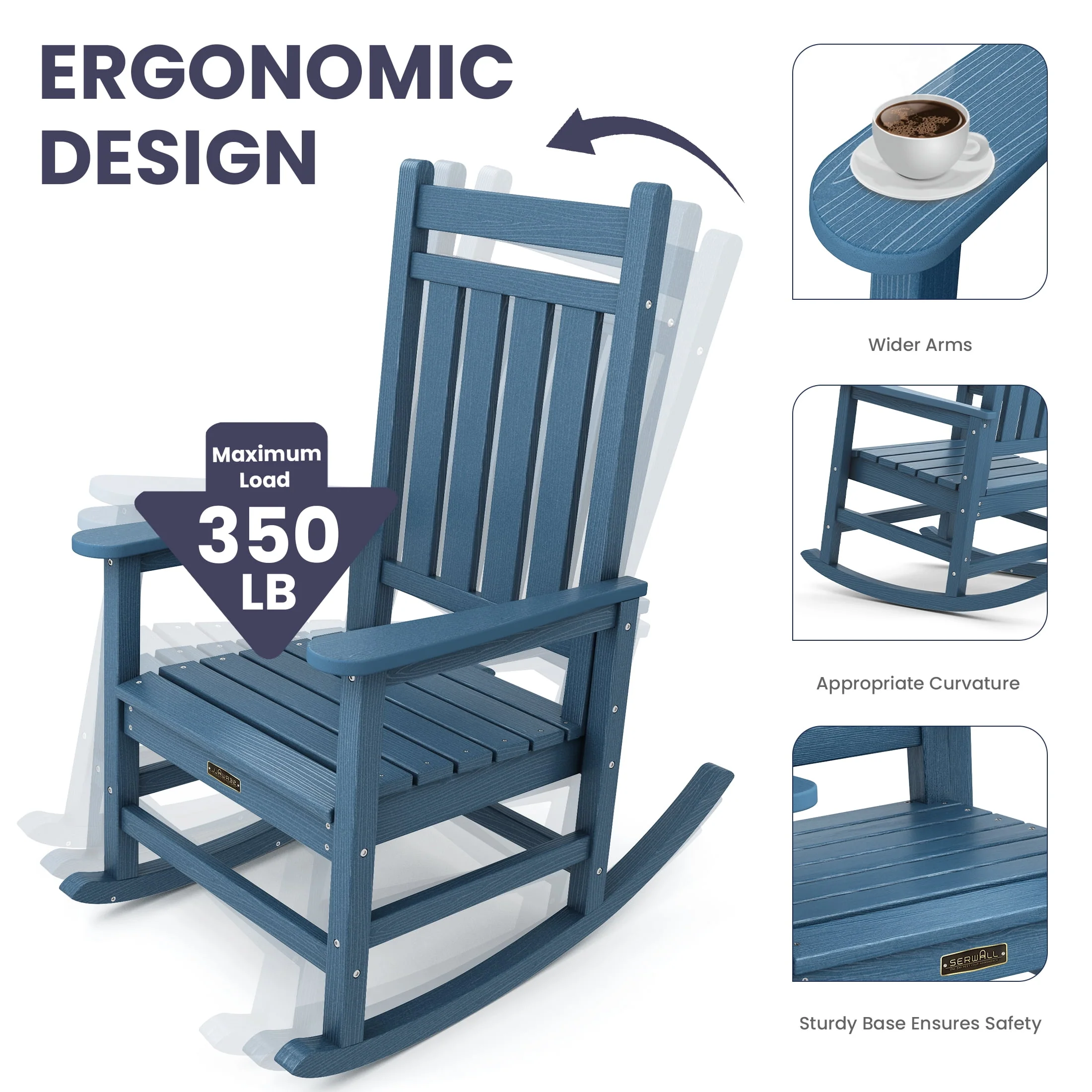 SERWALL Outdoor Oversized Slat Rocking Chair, HDPE Plastic Porch Rocker, Gray - Womvr