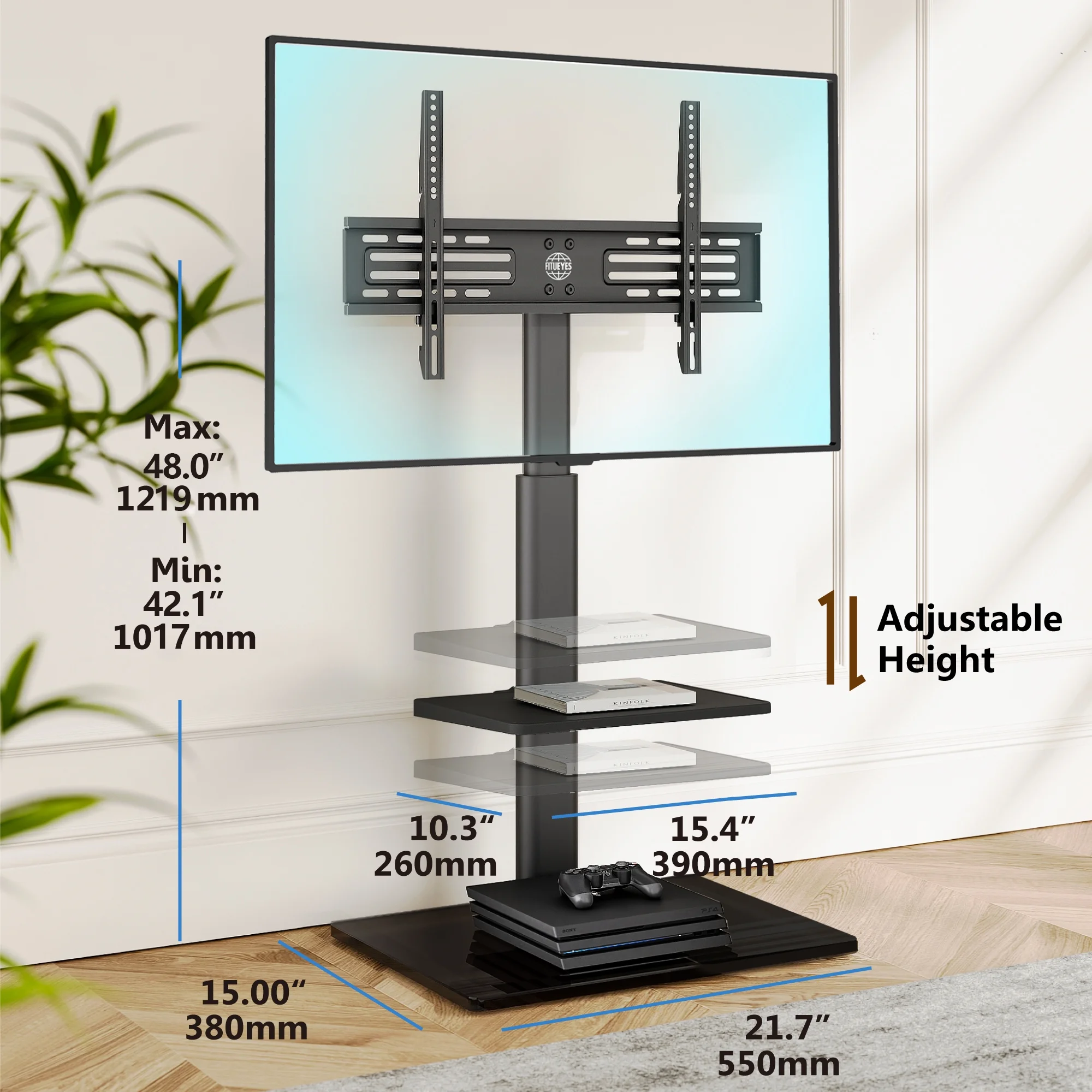 FITUEYES Tempered Glass Base Floor TV Stand 32-65 Inch, Height adjustable,Swivel TV Stand with Mount,Black - Womvr