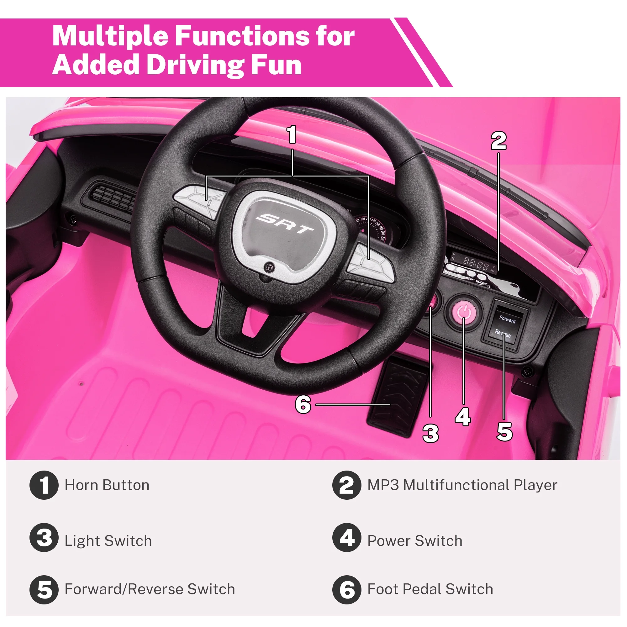 Dodge Challenger 12 V Powered Ride On Car with Remote Control, SRT Hellcat Toys for Kids, Black - Womvr