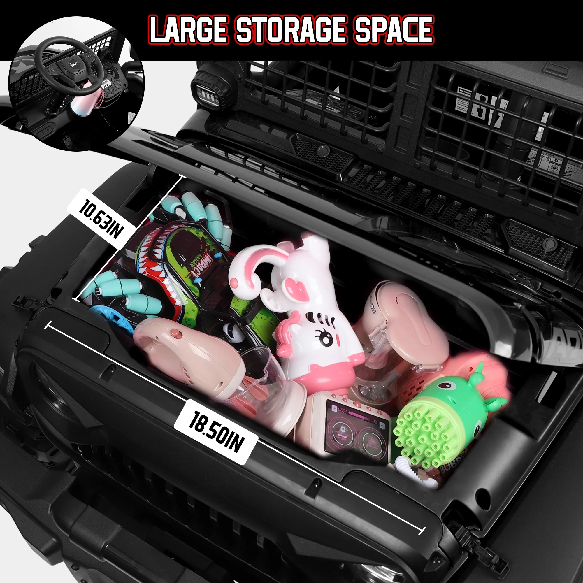 Wisairt 24V Kids Ride on Truck, 2 Seater Powered Ride on Car w/ Remote Control and Storage Space, 3 Speeds, Bluetooth, LED Lights (Black) - Womvr