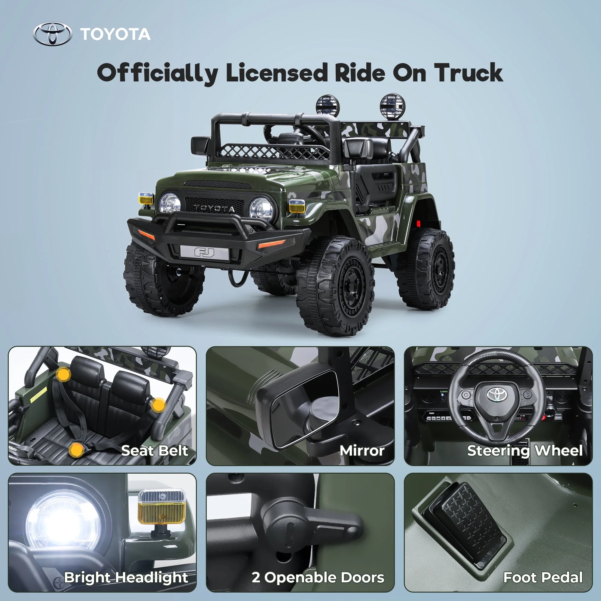 Toyota FJ Cruiser Ride on Car, 12V Powered Off-Road Toys for Kids w/ Remote,Spring Suspension,6 LED Lights,Camo Green - Womvr