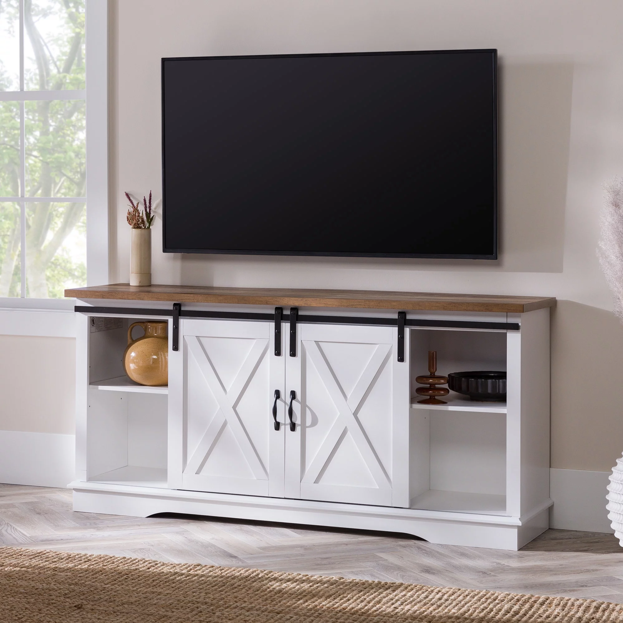 Woven Paths Farmhouse Sliding Barn Door TV Stand for TVs up to 65