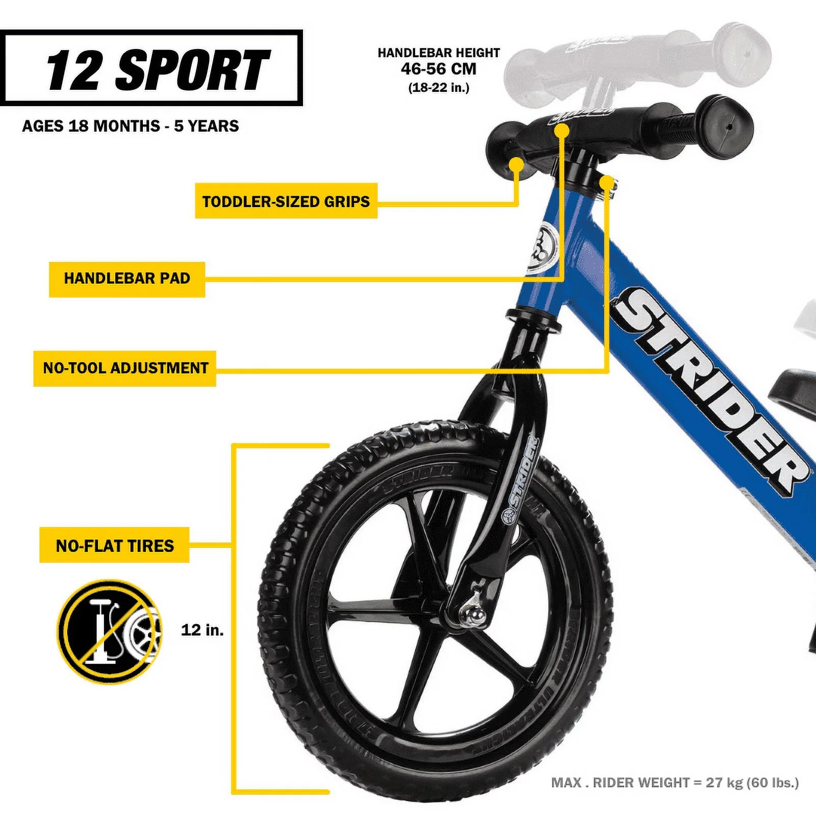 Strider - 12 Sport Balance Bike, Ages 18 Months to 5 Years - Blue - Womvr
