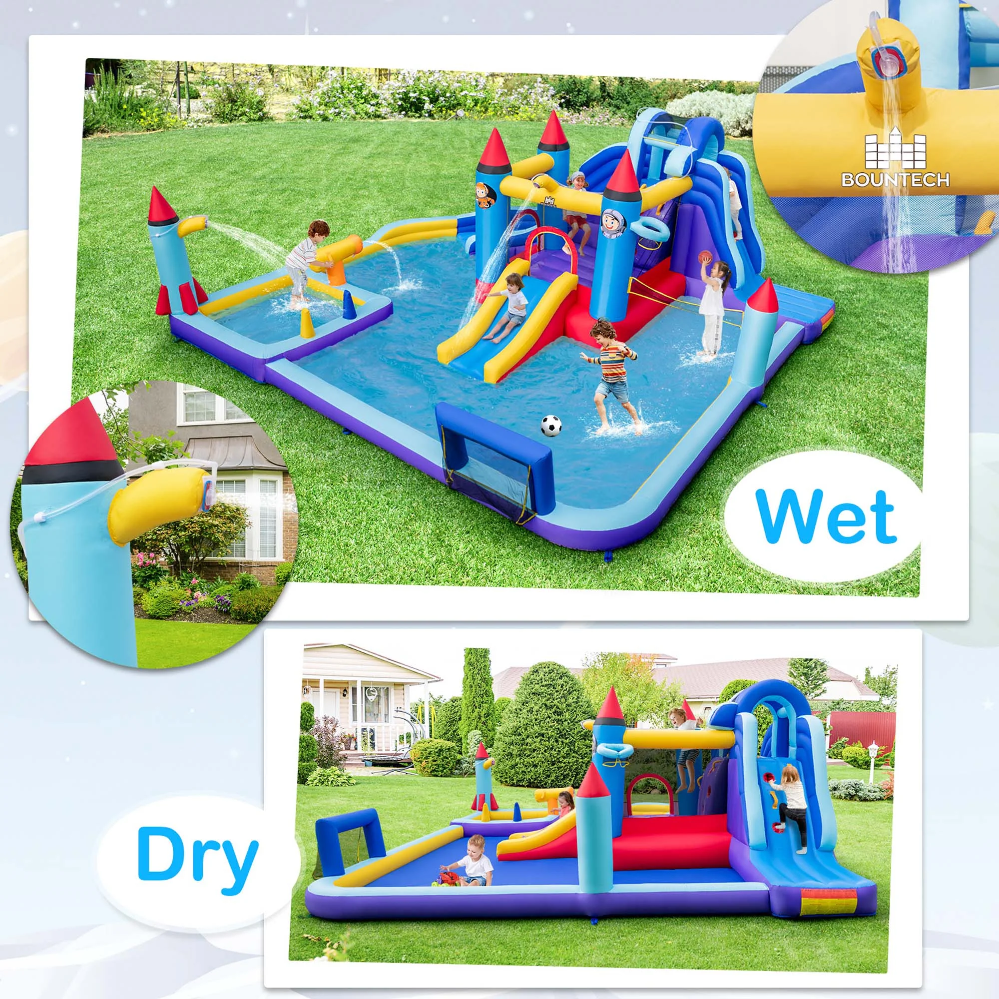 Costway Rocket Theme Inflatable Water Slide Park with 2 Slides Splash Pool without Blower - Womvr
