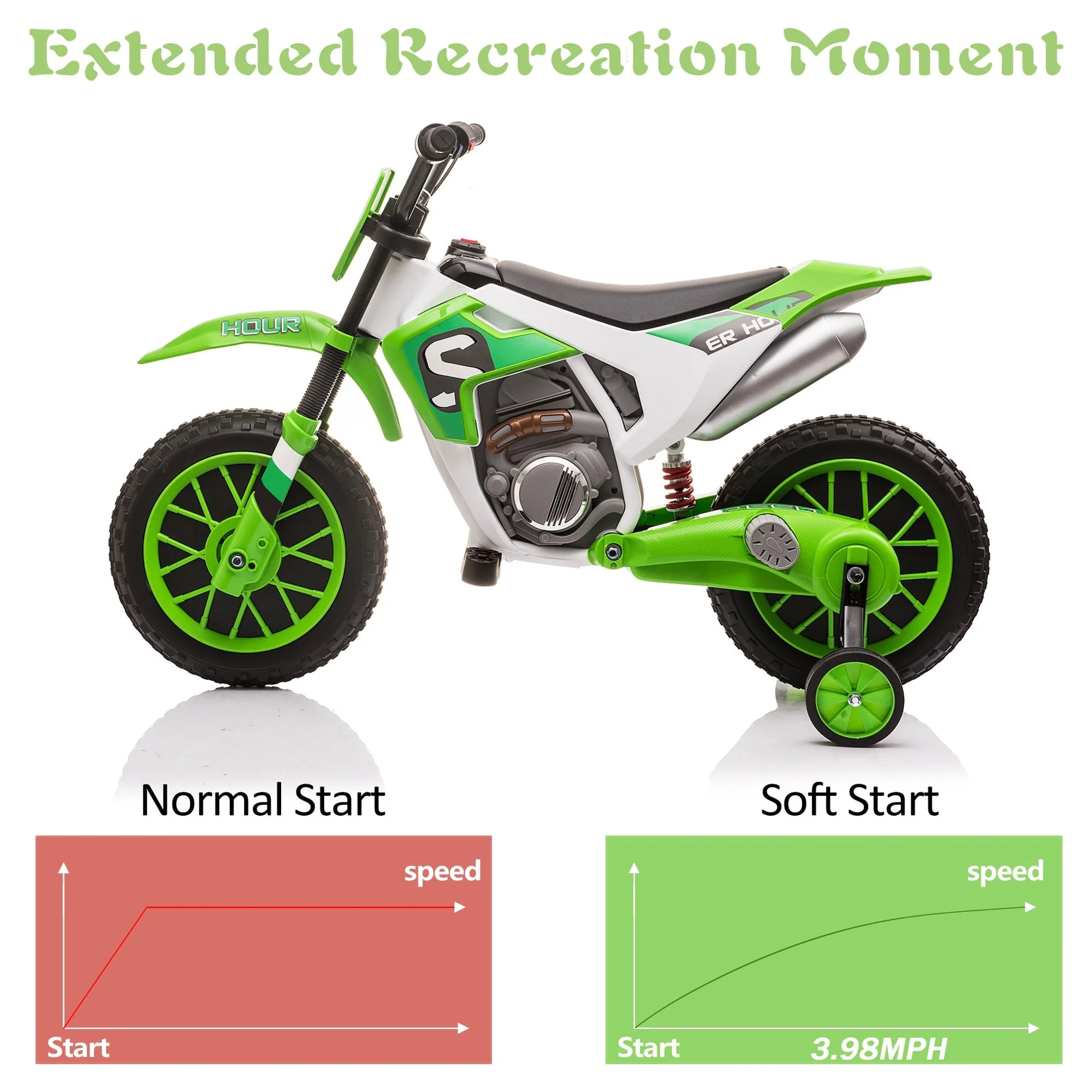 TOBBI 12V Kids Motorcycle off- Road Ride on Dirt Bike W/ Training Wheels, Age 3-8 Toddlers, Green - Womvr
