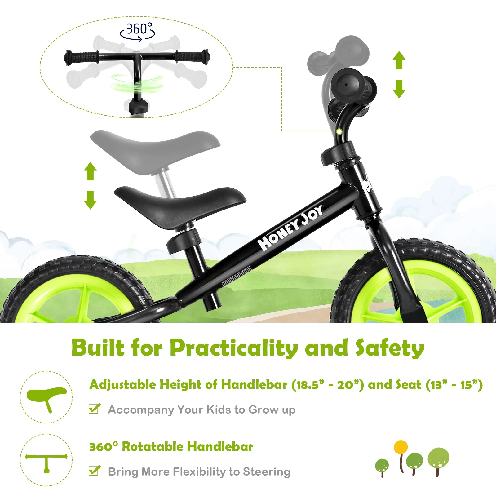 Infans Kids Balance Bike No Pedal Training Bicycle w/Adjustable Handlebar & Seat Yellow - Womvr