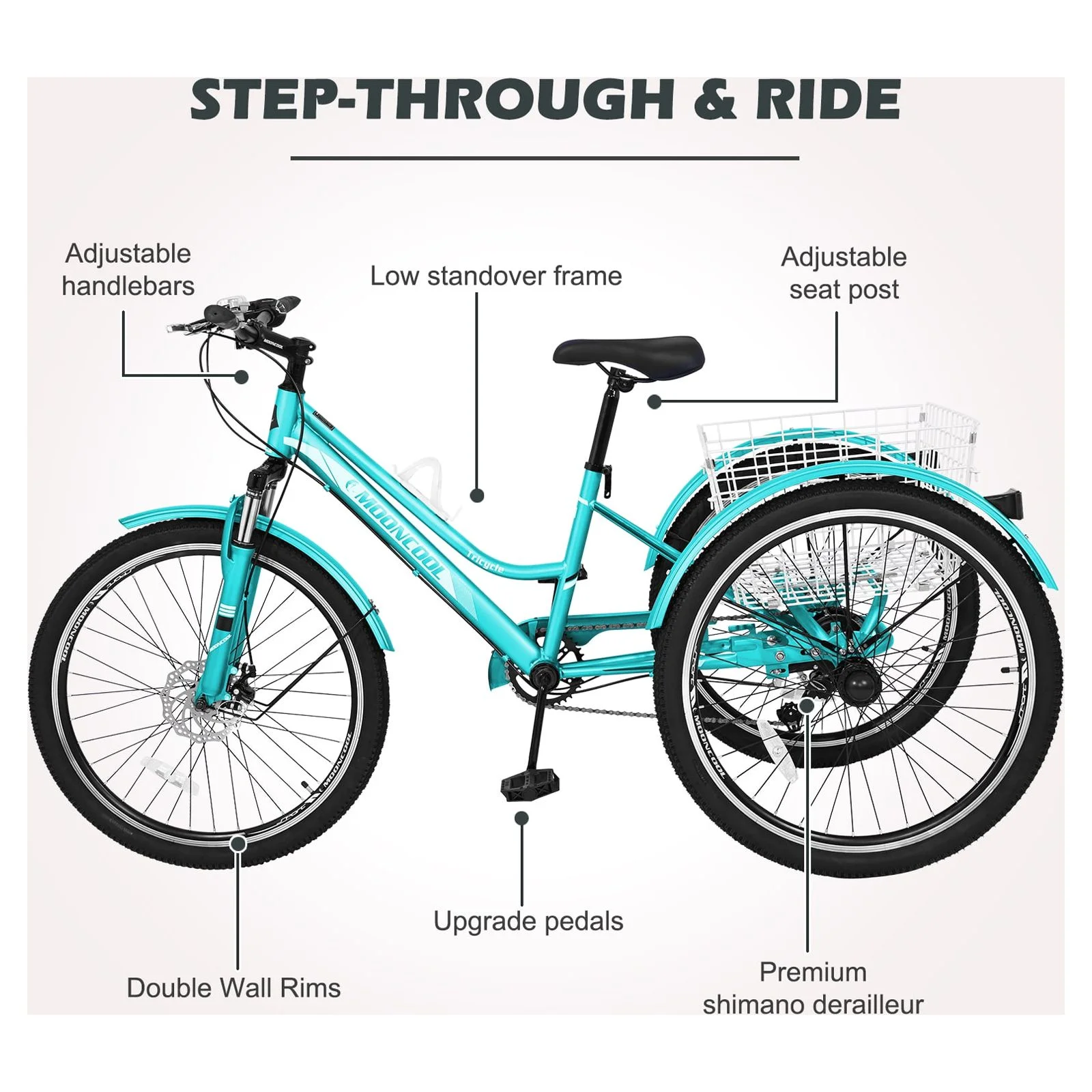 Docred Adult Tricycle, 7 Speed Three Wheel Mountain Bike, 24/26/27.5 inch Adults Trikes ,Load capacity 420 lbs - Womvr