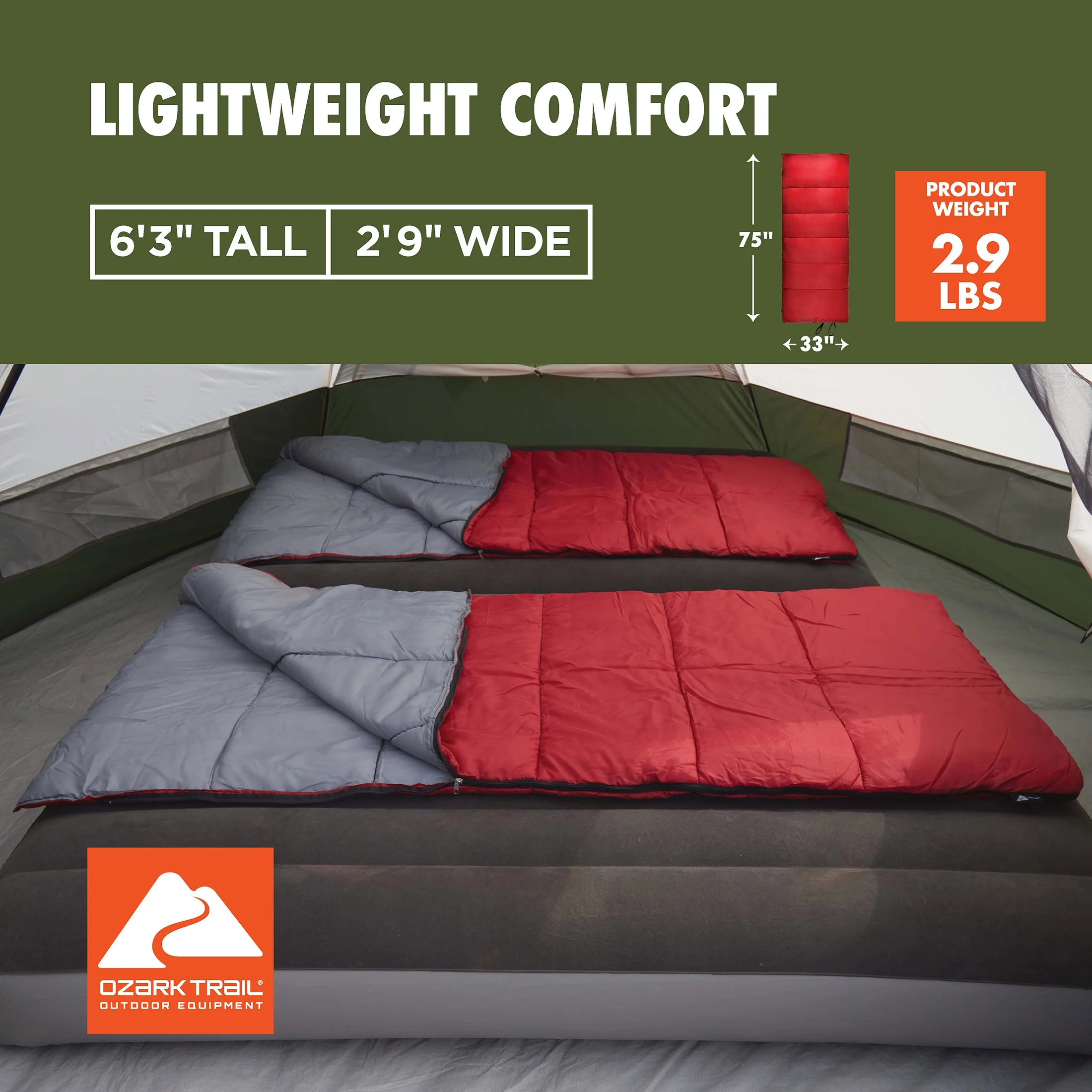 Ozark Trail 50-Degree Warm Weather Rectangular Sleeping Bag, Red, 33