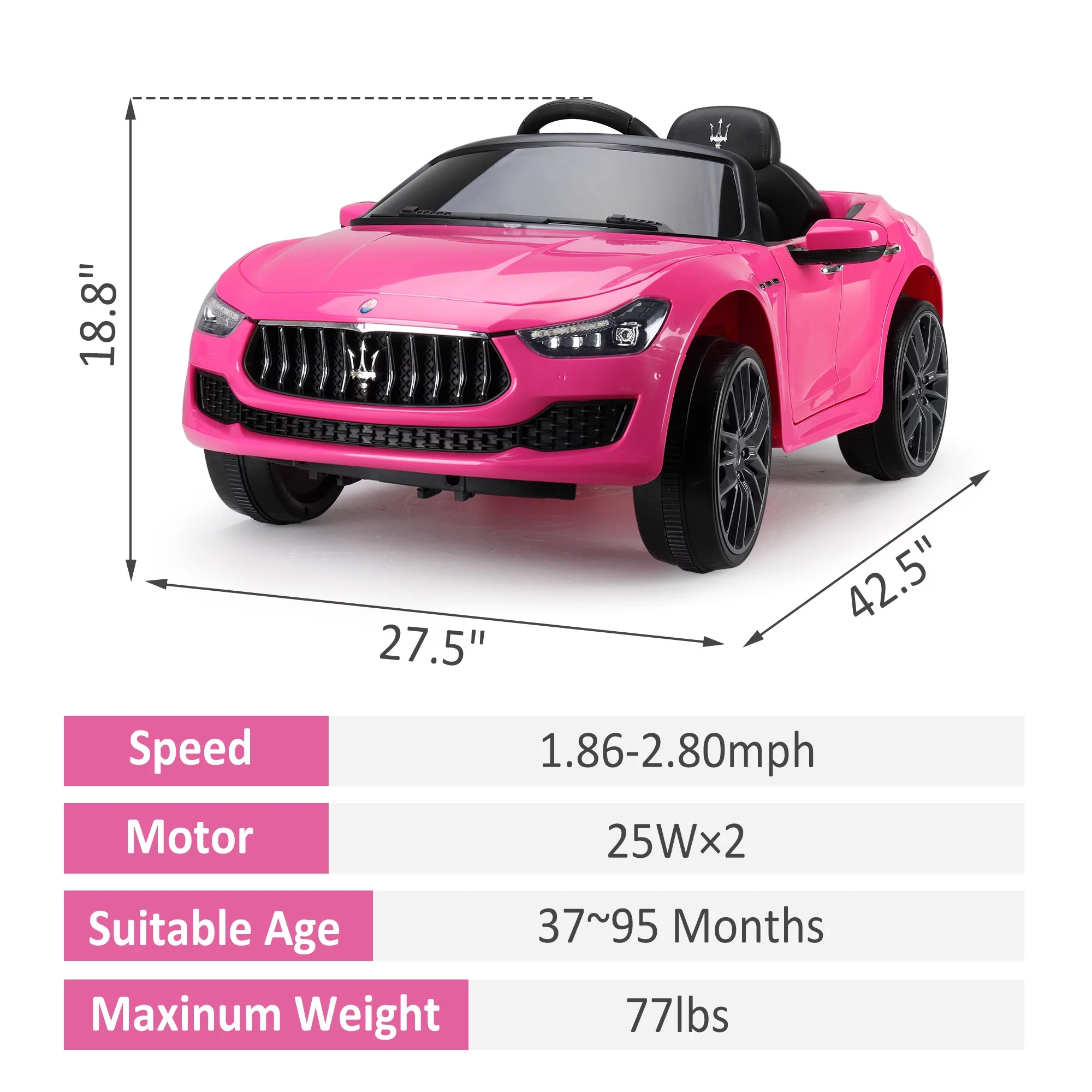 12V Maserati Licensed Kids Ride on Car Battery Powered Toy Car W/ Remote Control LED MP3 USB, Pink - Womvr