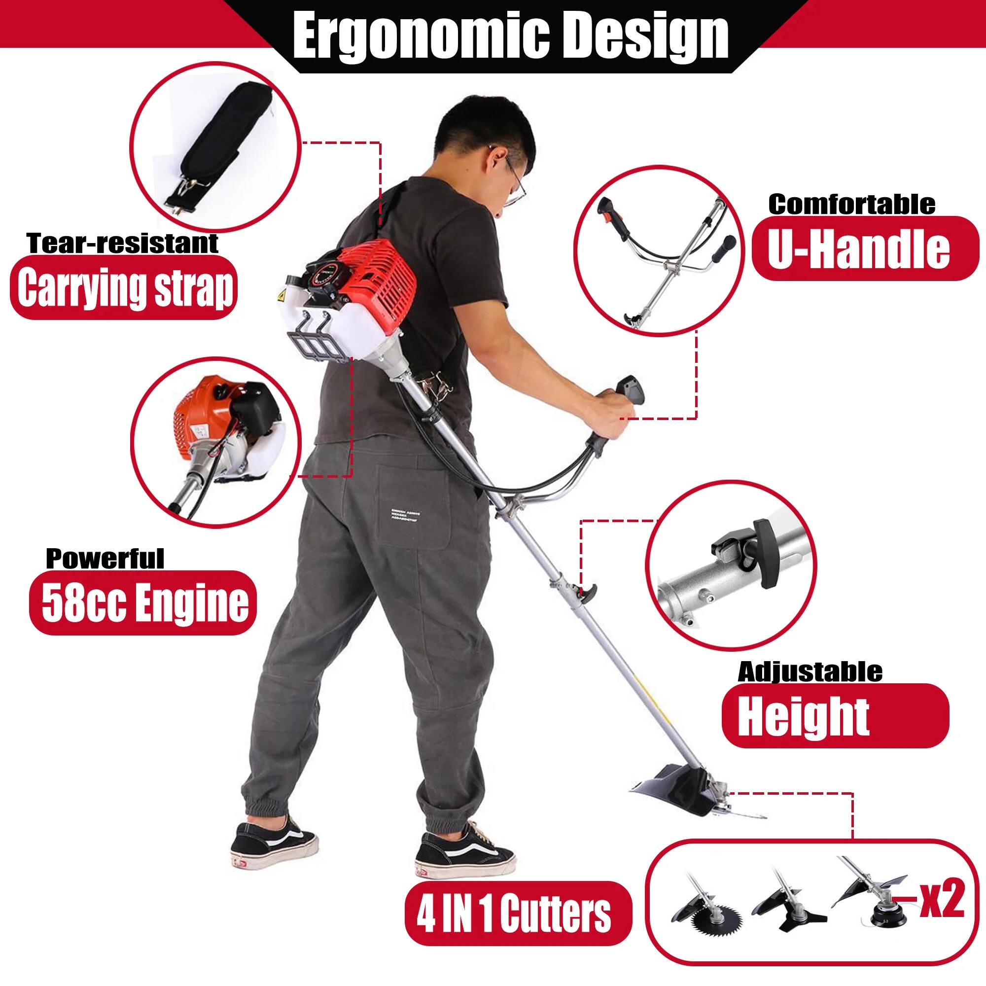 58cc Lawn Mower 4-in-1 Brush Cutter Gas Powered Weed Eater Weed Wacker Adjustable Straight Shaft String Trimmer with 4 Detachable Head for Grass, Weed, Bushes - Womvr