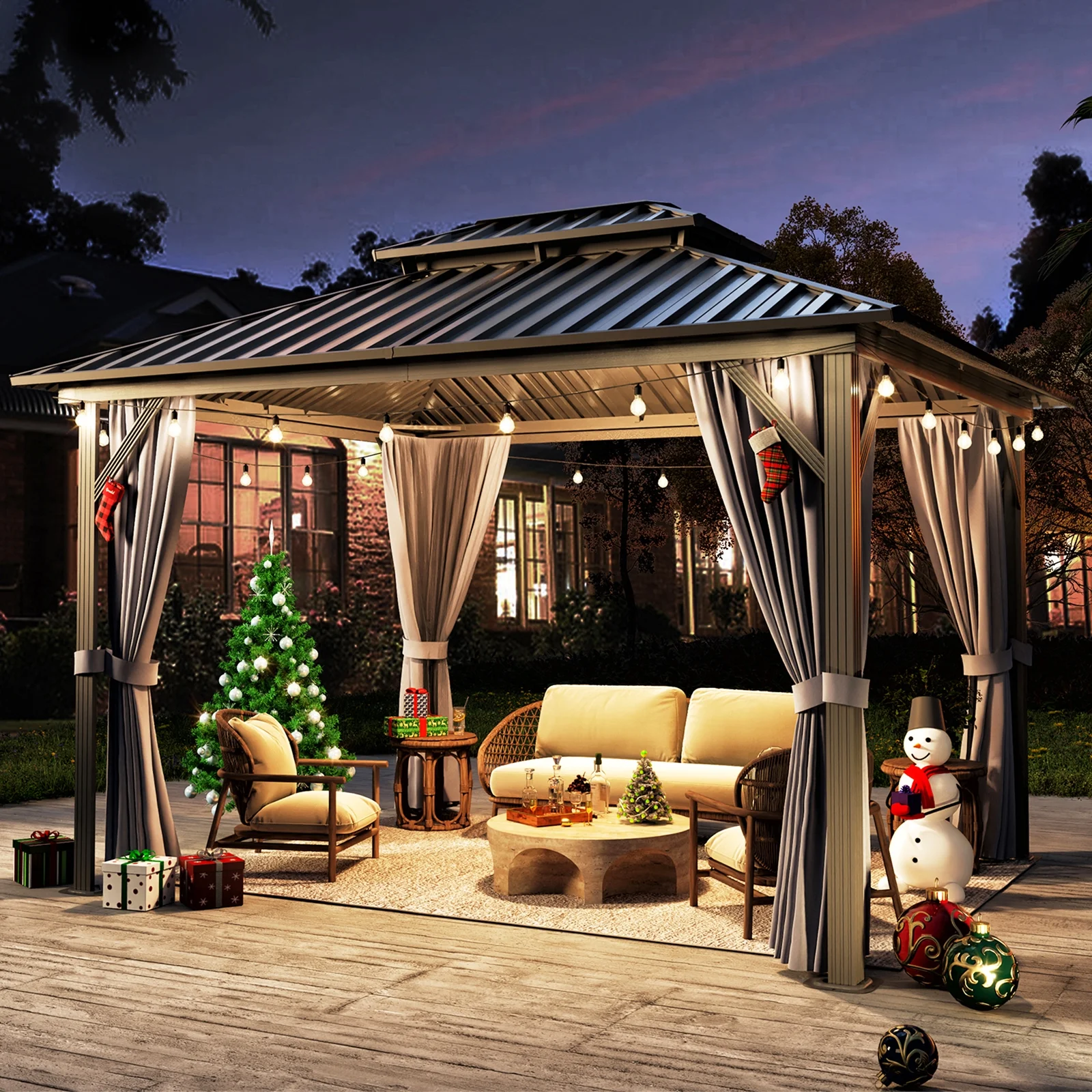 Aoxun 10'x12' Hardtop Gazebo, Outdoor Steel Double Roof Canopy, Aluminum Frame Permanent Pavilion with Curtains and Netting, Sunshade for Garden, Patio, Lawns, Black - Womvr