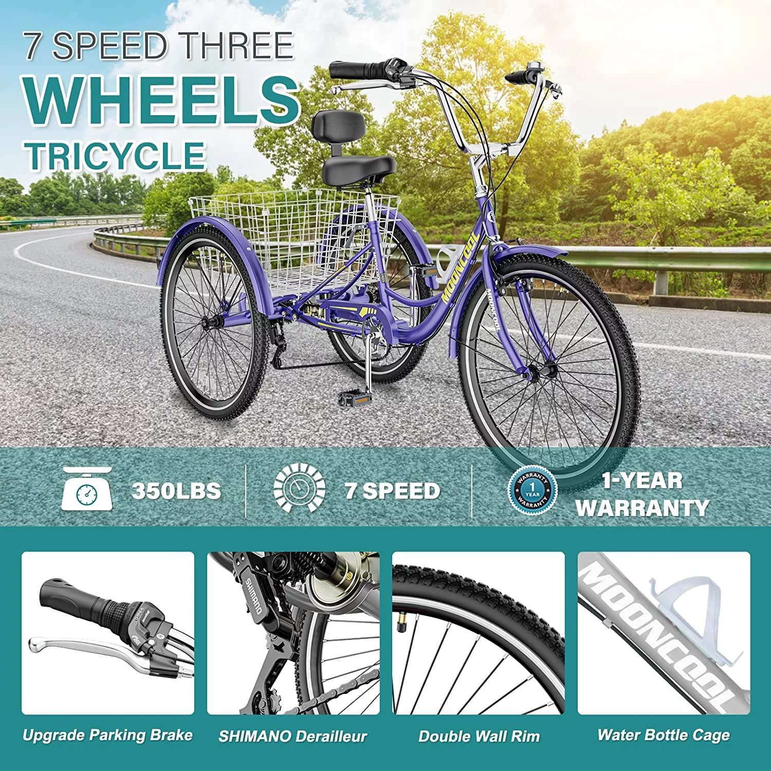MOONCOOL Adult Tricycles, 3 Wheel 7 Speed Trikes, 20/24/26 inch Adult Trikes 3 Wheeled Bike with Basket for Seniors, Women, Men - Womvr