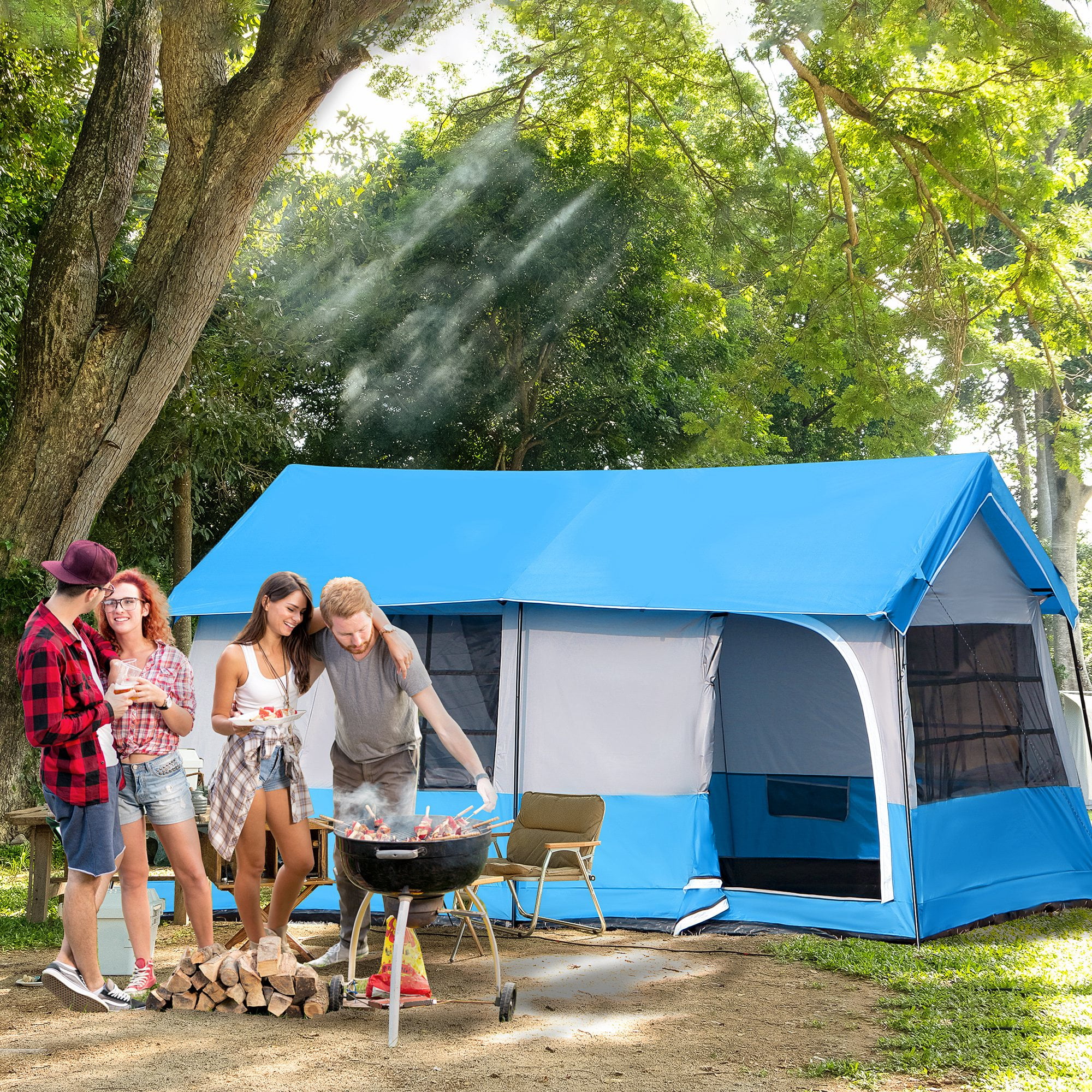 Outsunny Large Camping Tent 10-Person with Rain Cover, Family Tent, Blue - Womvr