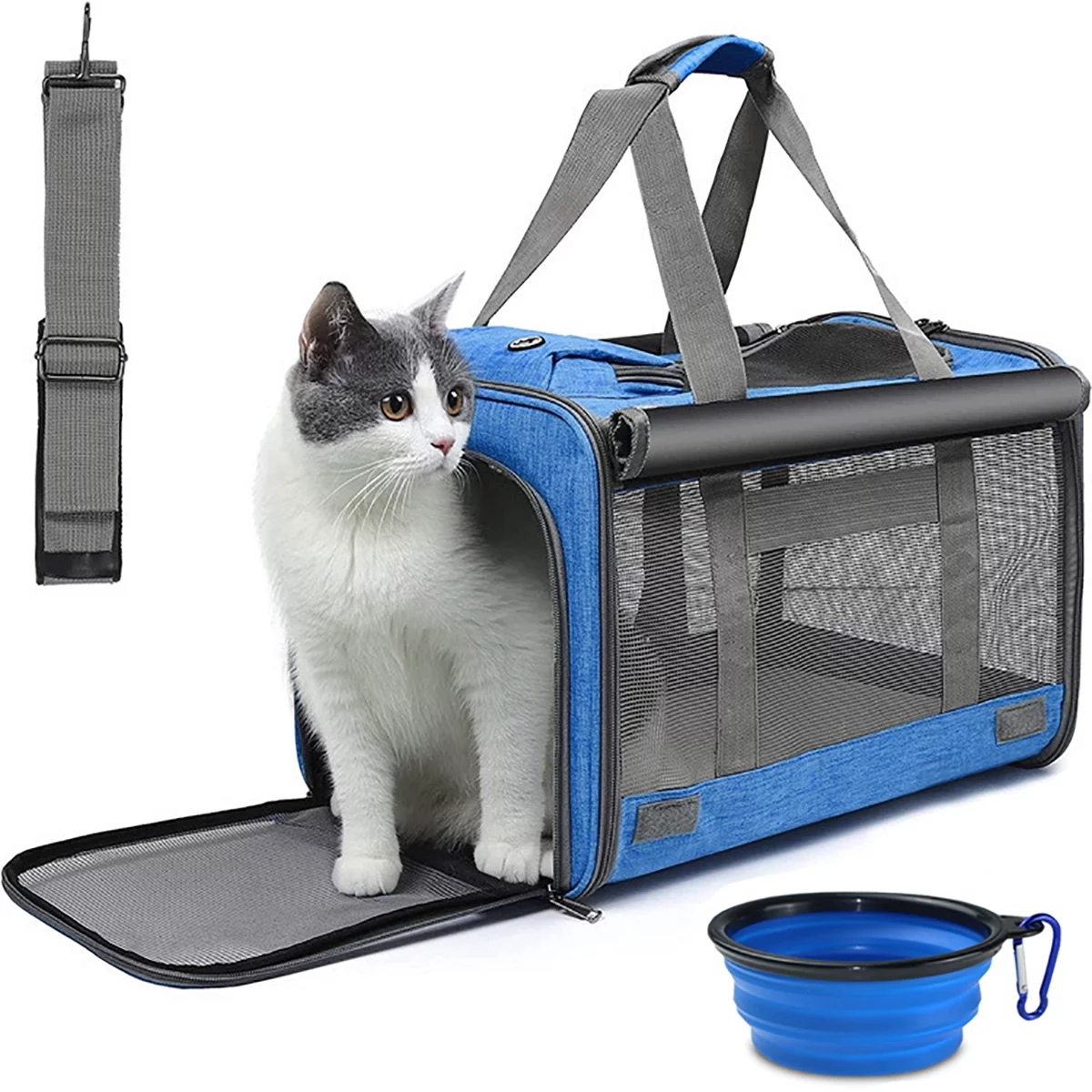 Cat Carrier, Soft Sided Cat Carriers for Large Small Medium Dogs Cats Under 25lbs, Foldable Pet Travel Carrier with a Bowl/Washable Pad, TSA Airline Approved, Blue - Womvr