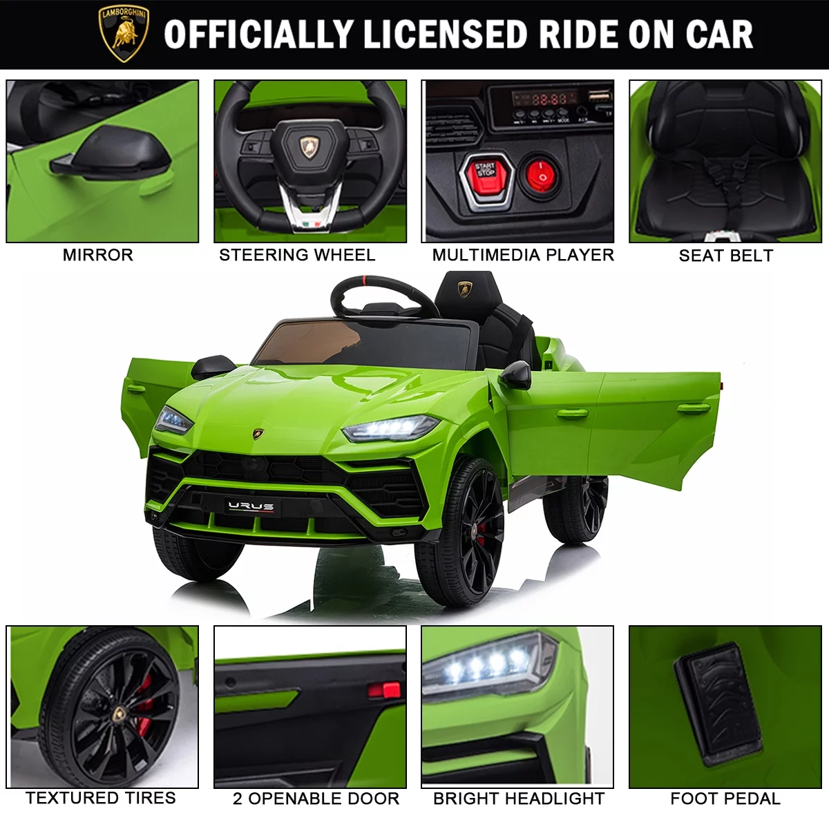 FUNTOK Lamborghini Urus 12V Electric Powered Ride on Car for Kids, with Remote Control, Foot Pedal, MP3 Player and LED Headlights - Womvr