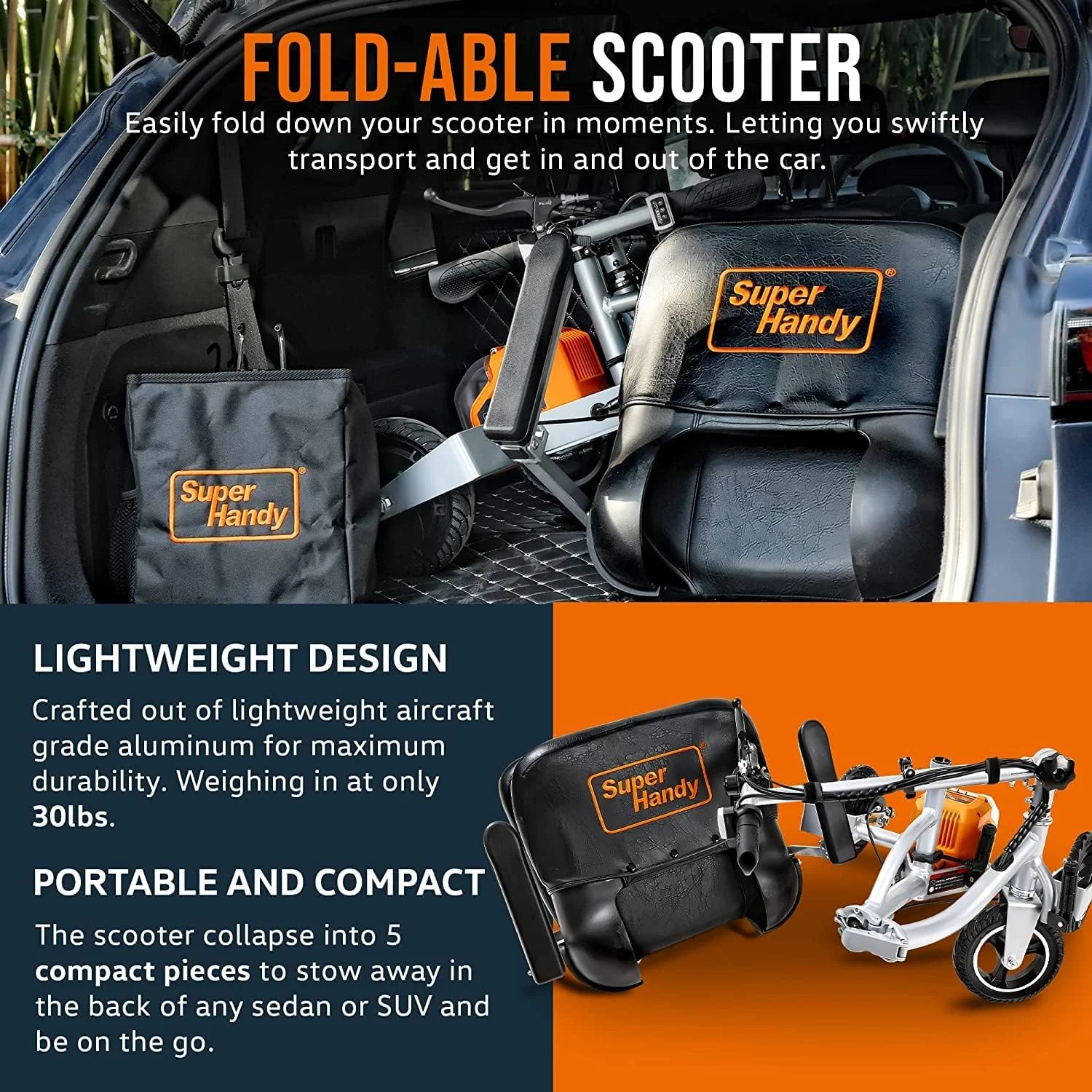 SuperHandy Mobility Scooter Plus - 48V 2Ah Battery System, Lightweight, Long Range & Foldable - Womvr