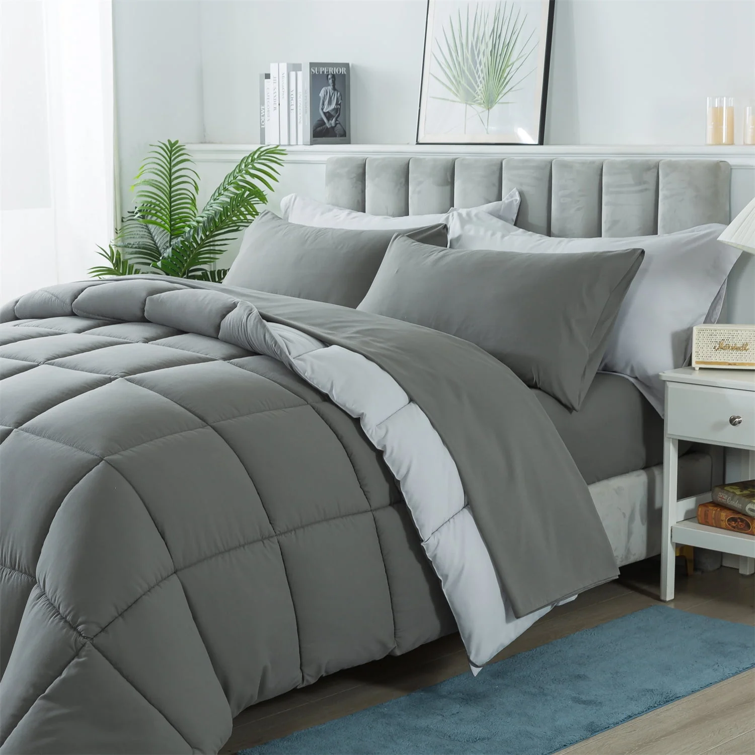 Downcool Queen Size Bed in a Bag 7 Piece Reversible Comforter Set | All-Season Bedding Sets, Adult, Unisex, White/Light Gray - Womvr