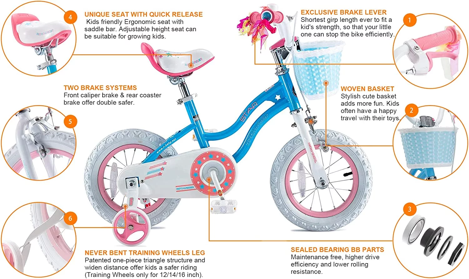 Royalbaby Girls Kids Bike Star girl 14 In Bicycle Basket Training Wheels Blue Child's Cycle - Womvr