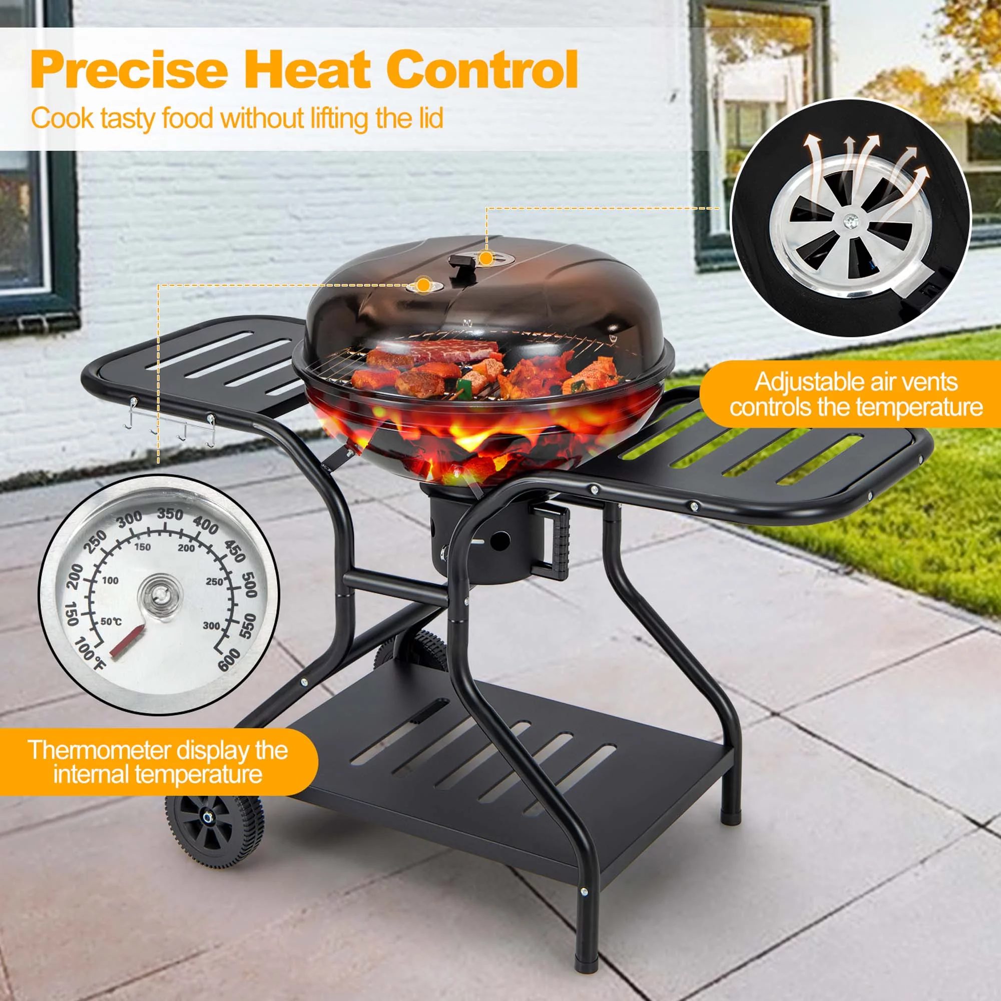 Costway 22 inch Charcoal BBQ Grill with Built-In Thermometer Wheels Side & Bottom Shelves - Womvr