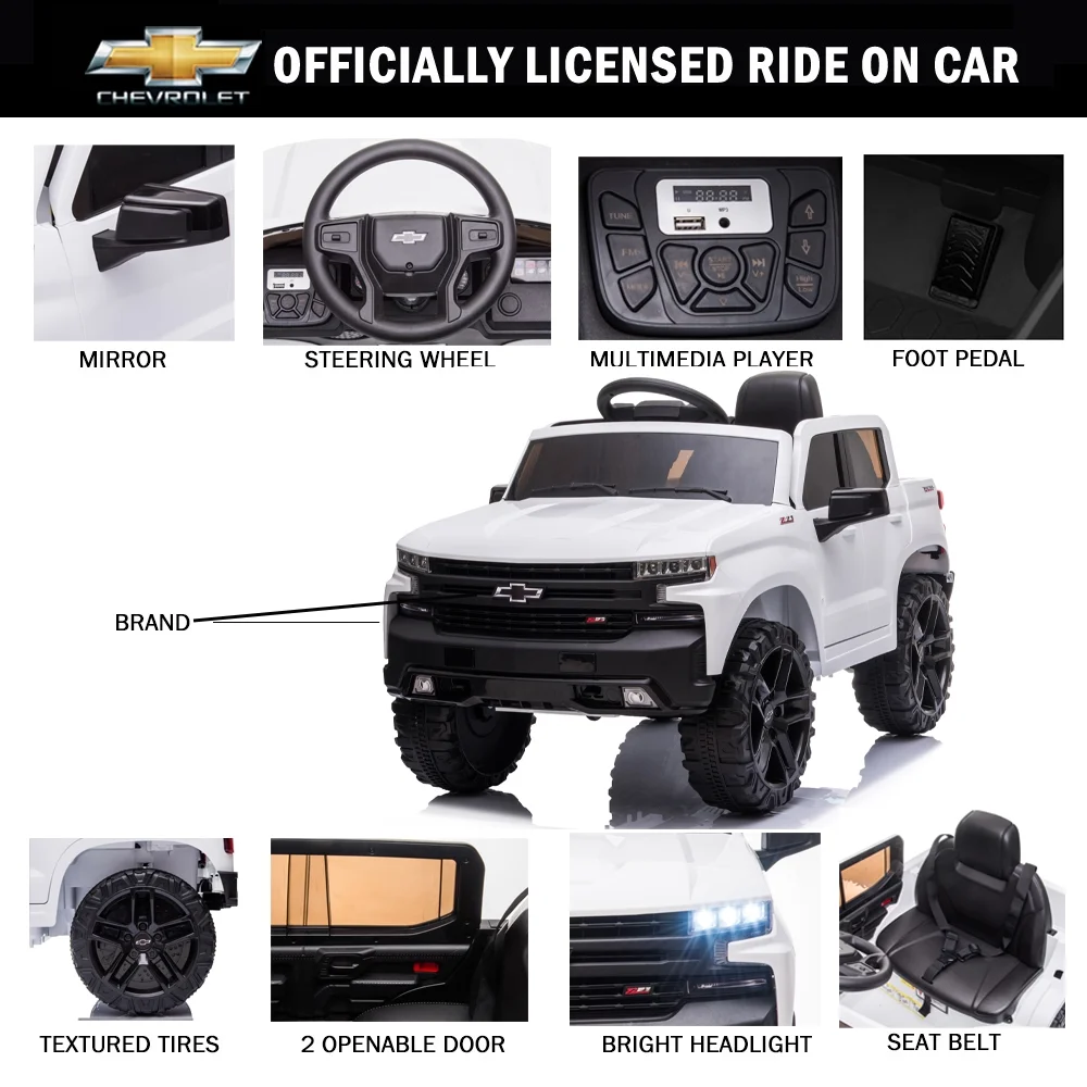 Chevrolet Silverado 12V Powered Ride on Cars for Kids, Remote Control, LED Light, MP3 Player, Electric Ride on Toys Truck for Boys Girls Gifts, White - Womvr