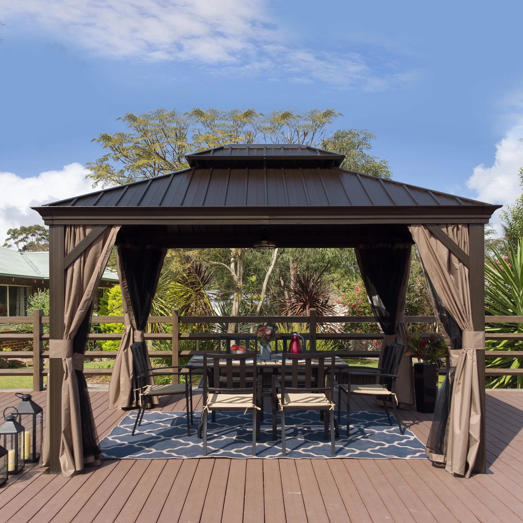 Kozyard Alexander Hardtop 12 ft. W x 10 ft. D Aluminum Hardtop Gazebo (Brown) - Womvr