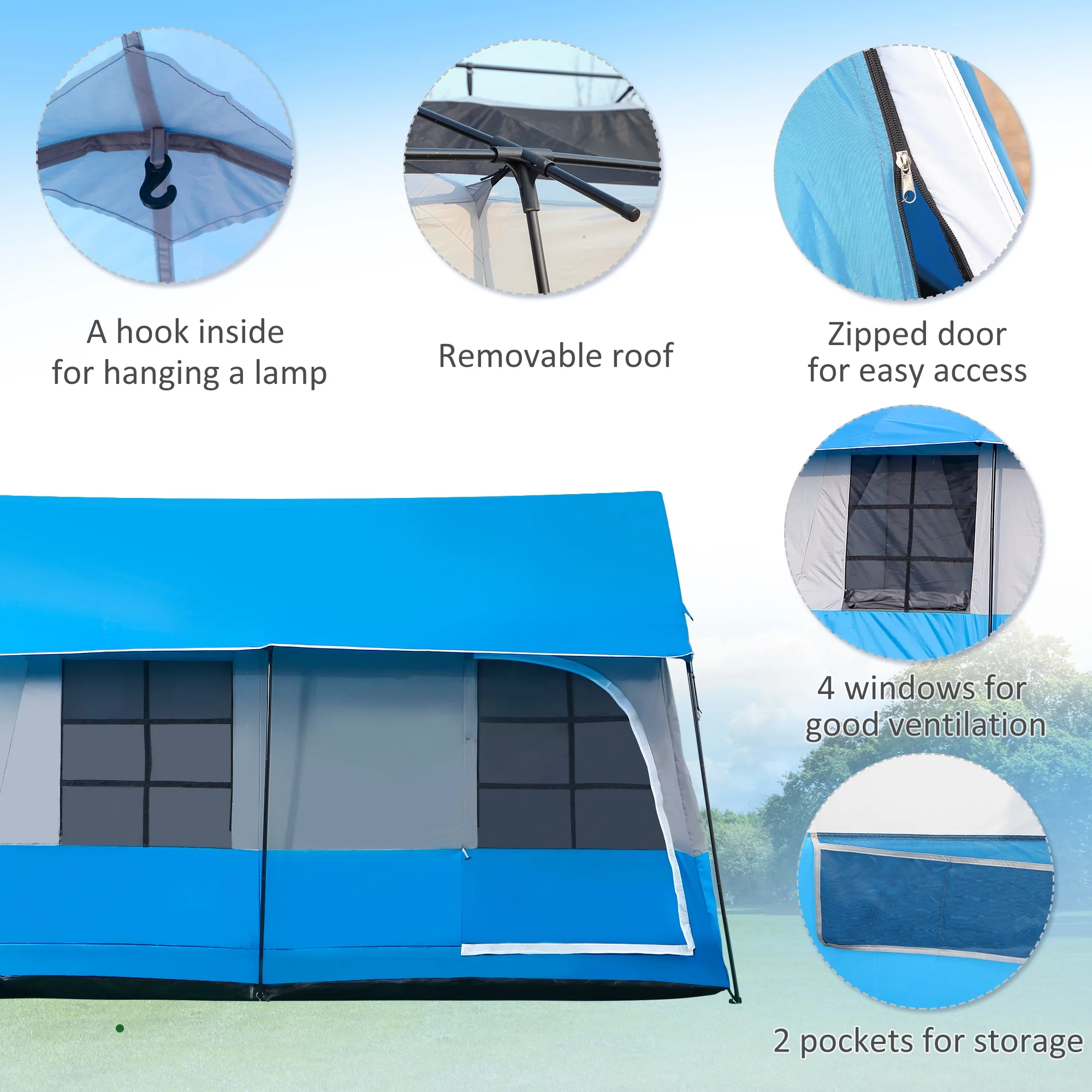 Outsunny Large Camping Tent 10-Person with Rain Cover, Family Tent, Blue - Womvr