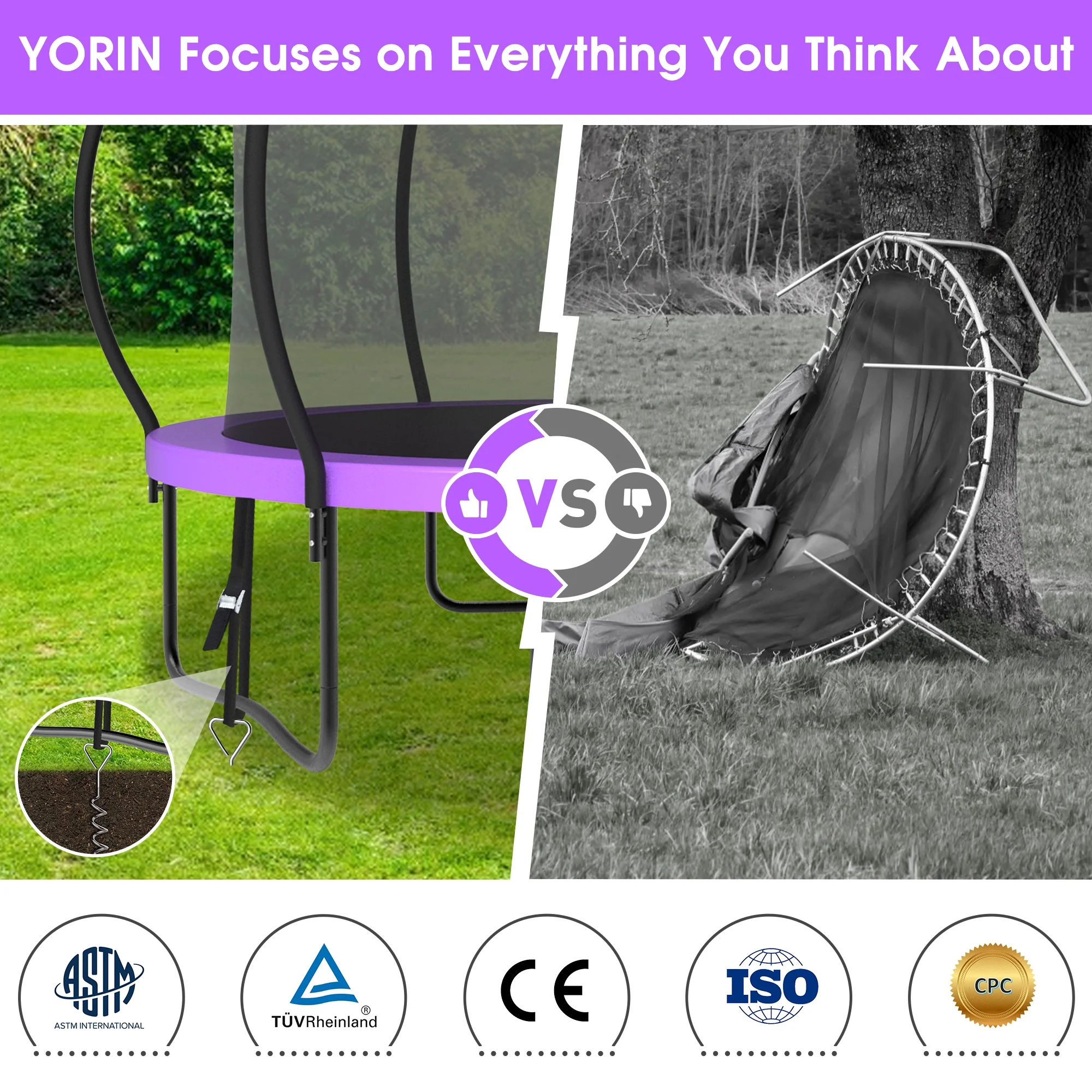 YORIN Trampoline for 2-3 Kids, 8FT 10FT Trampoline for Adults with Enclosure Net, Basketball Hoop, Ladder, 800LBS Outdoor Recreational Trampoline with Light, Sprinkler, Socks, Heavy Duty Trampoline - Womvr