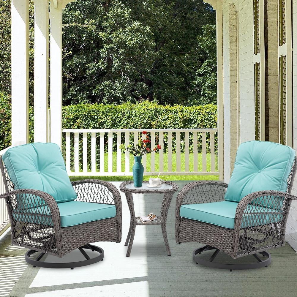 3 Piece Outdoor Bistro Swivel Chairs Set, Patio Bistro Set w/ 360° Swivel Rocking Chairs & Table, All-Weather Conversation Set with Metal Frame for Patio Backyard Porches or Garden - Khaki - Womvr
