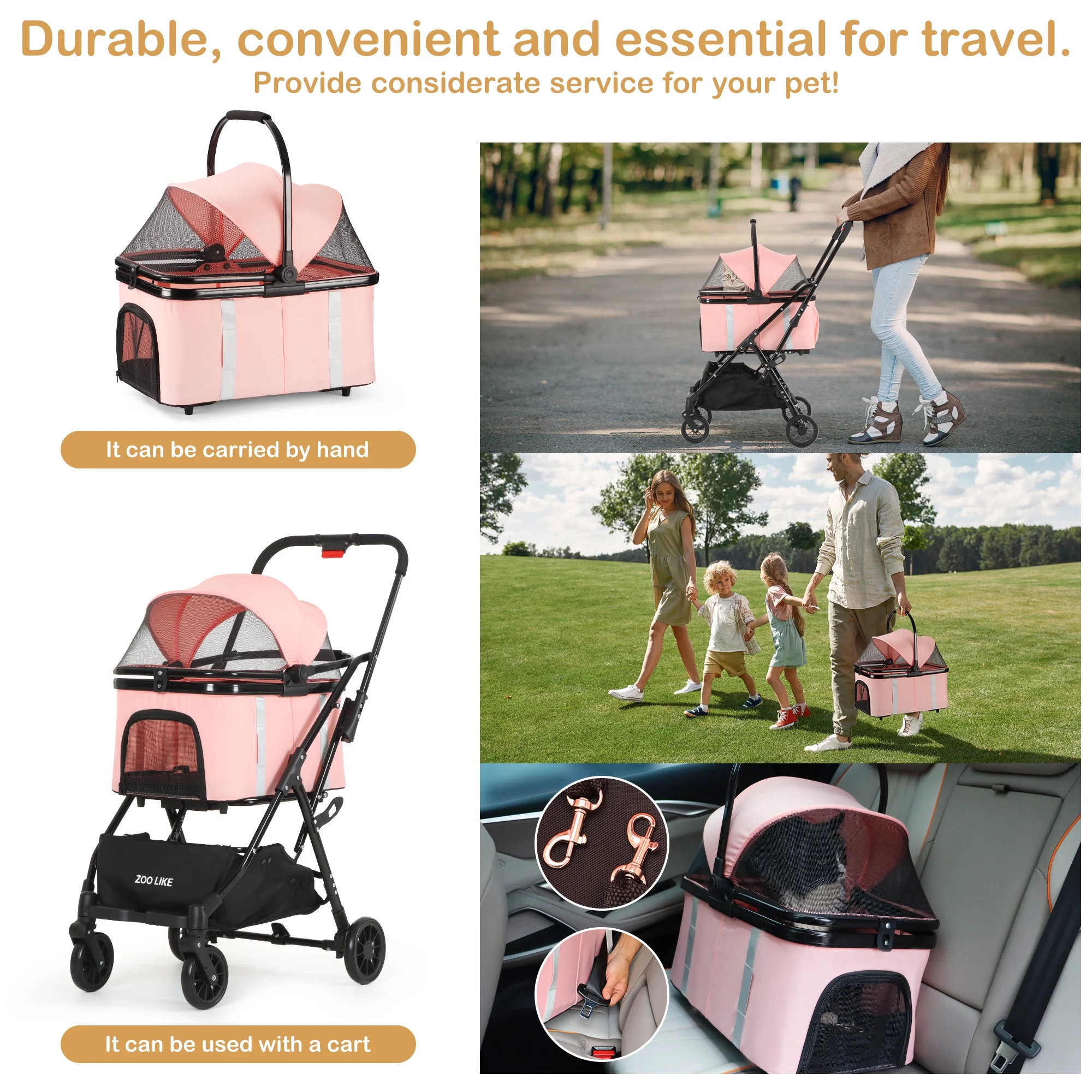 Zoolike Pet Stroller, Dog Cat Stroller 3-in-1 Detachable Doggy Stroller for Small Medium Dogs 4 Wheel Dog Travel Jogger Cart Cat Walker Foldable Wagons for Doggy Rabbit Puppy, Gray - Womvr