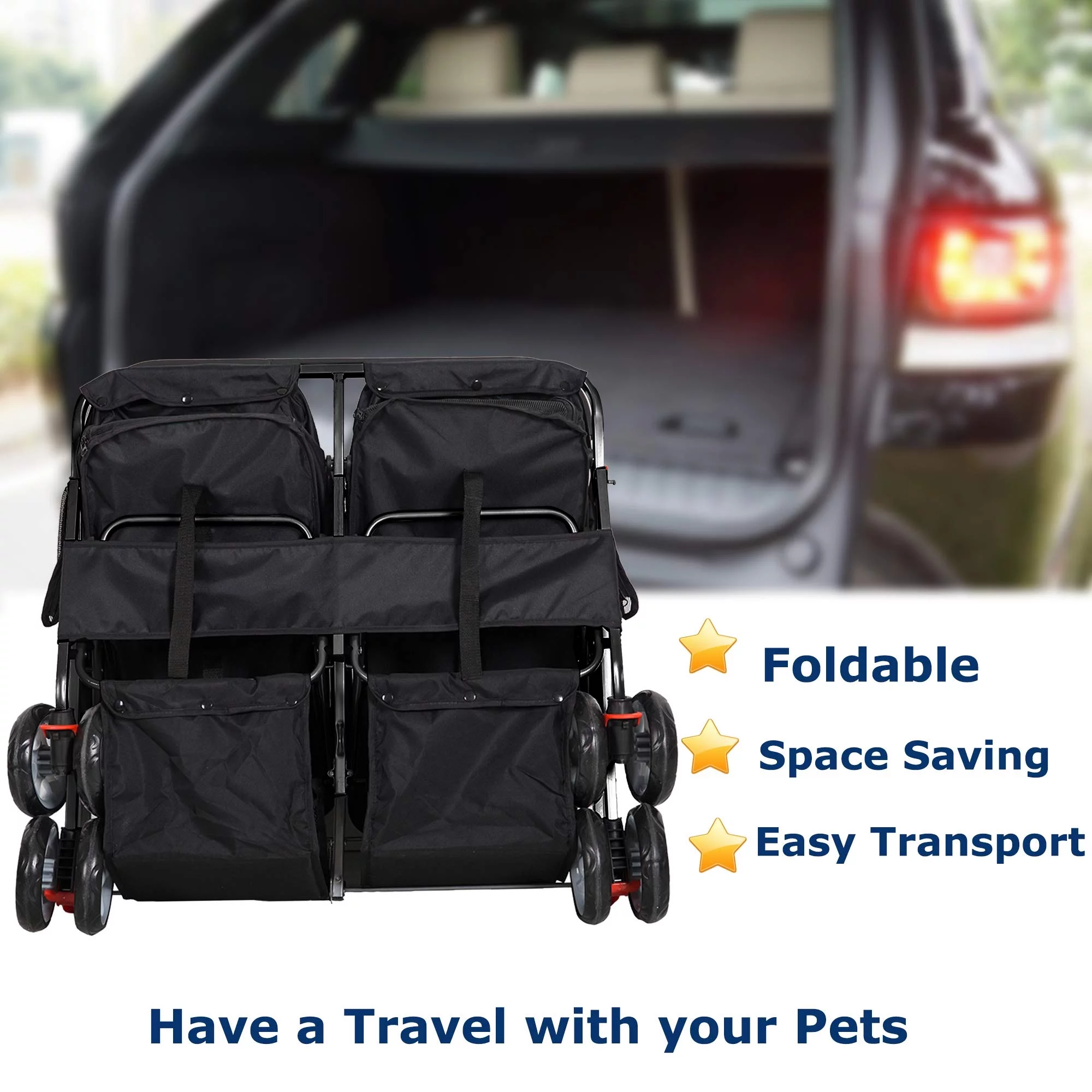 Karmas Product Double Pet Stroller Foldable Doggy Stroller Two-Seater Carrier Strolling Cart for Dog Cat, Blue - Womvr