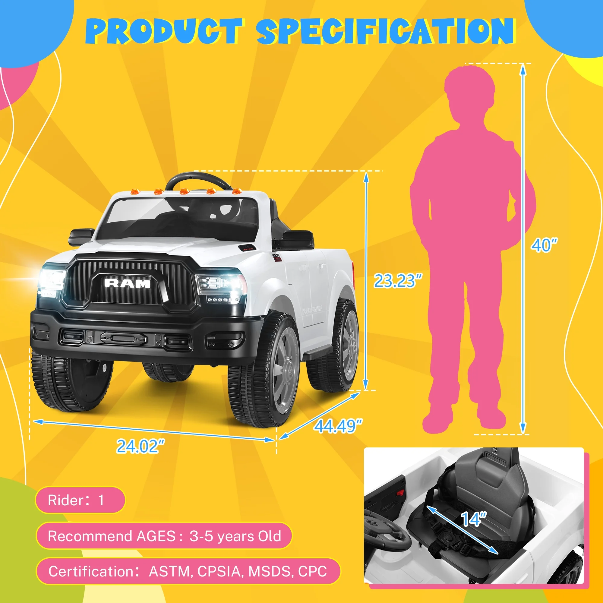 Dodge Ram Ride On Car for Kids, 12V Powered Ride On Truck Cars with Parents Remote Control,Dodge Electric Ride On Car for Boys Girls 3-5, Red - Womvr