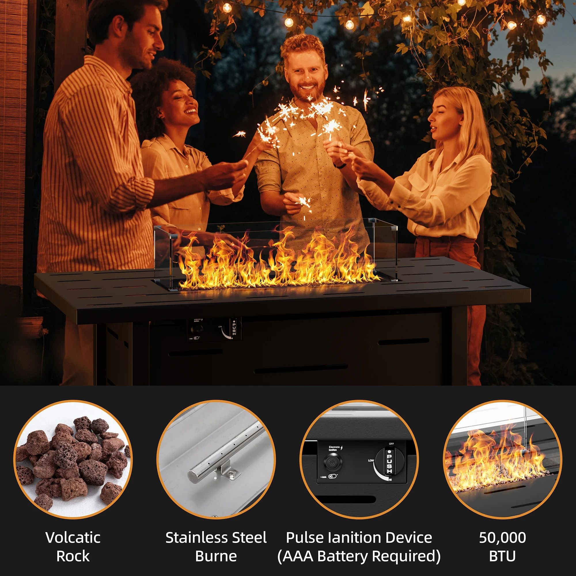 Walsunny 43 Inch Outdoor Fire Pit Table Propane Gas with Lid and Lava Rock 50000 BUT Fire Table with Glass Wind Guard and Waterproof Cover - Womvr