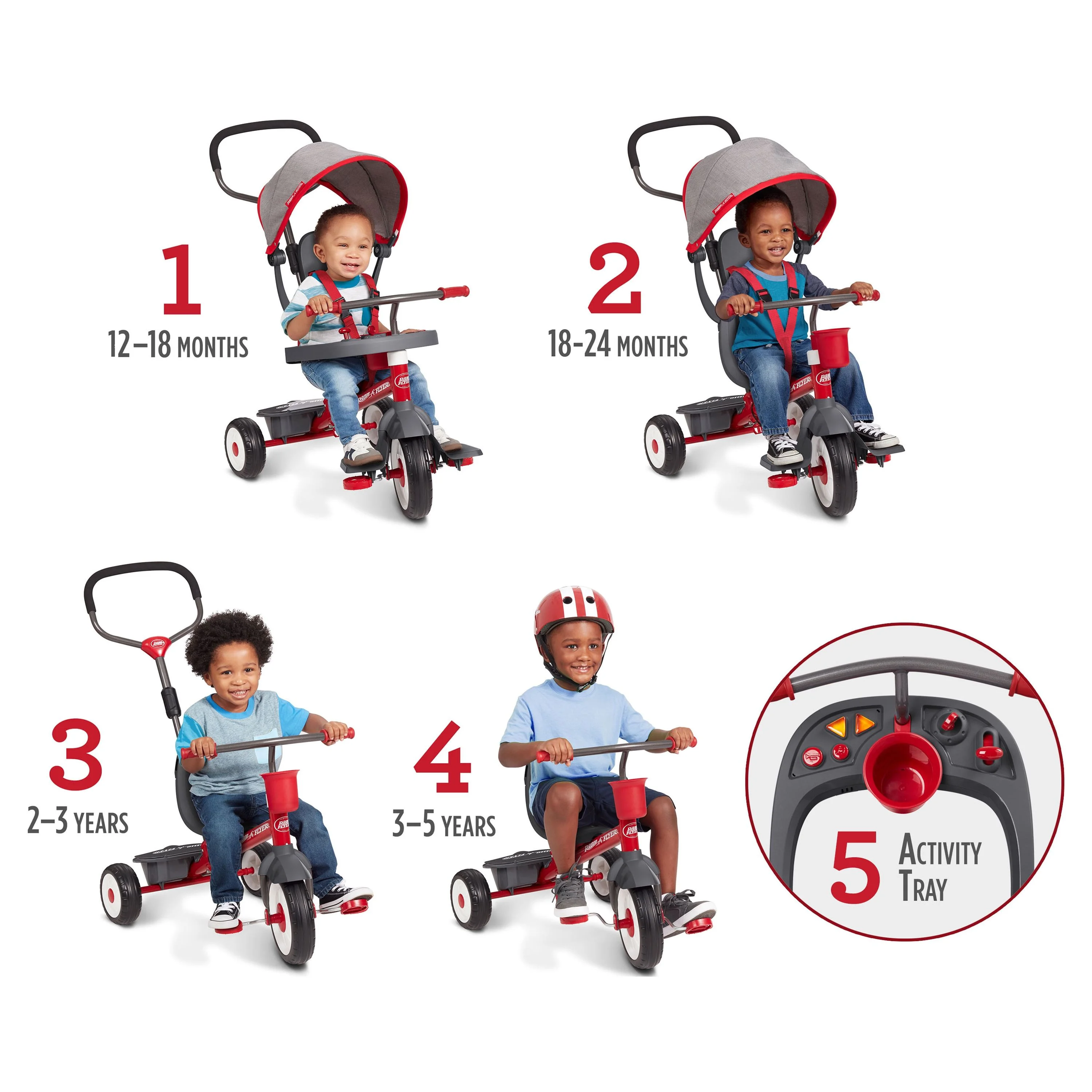 Radio Flyer, 4-in-1 Stroll 'N Trike with Activity Tray, Red & Gray, Convertible Tricycle,  Unisex - Womvr