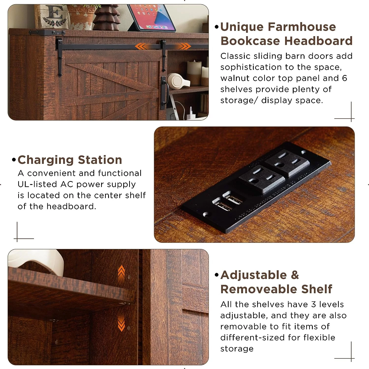 OKD Farmhouse Full Bed Frame, Wood Platform Bed with Bookcase Storage Headboard and Charging Station, No Box Spring Needed, Light Rustic Oak - Womvr