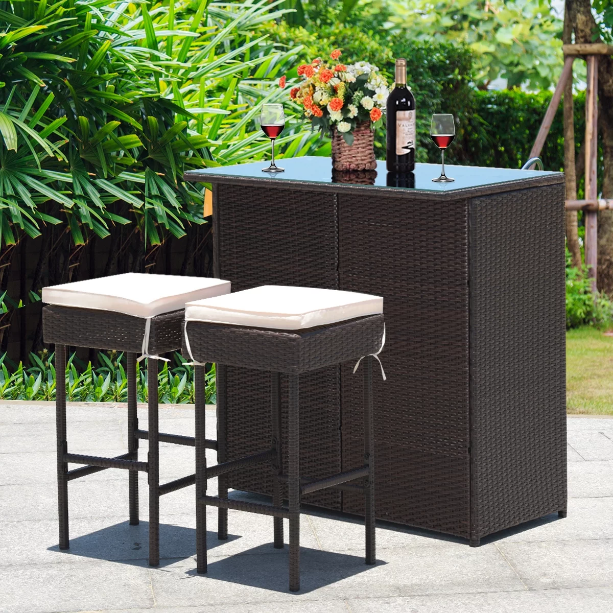 Costway 3PCS Patio Rattan Wicker Bar Table Stools Dining Set Cushioned Chairs Garden - Womvr
