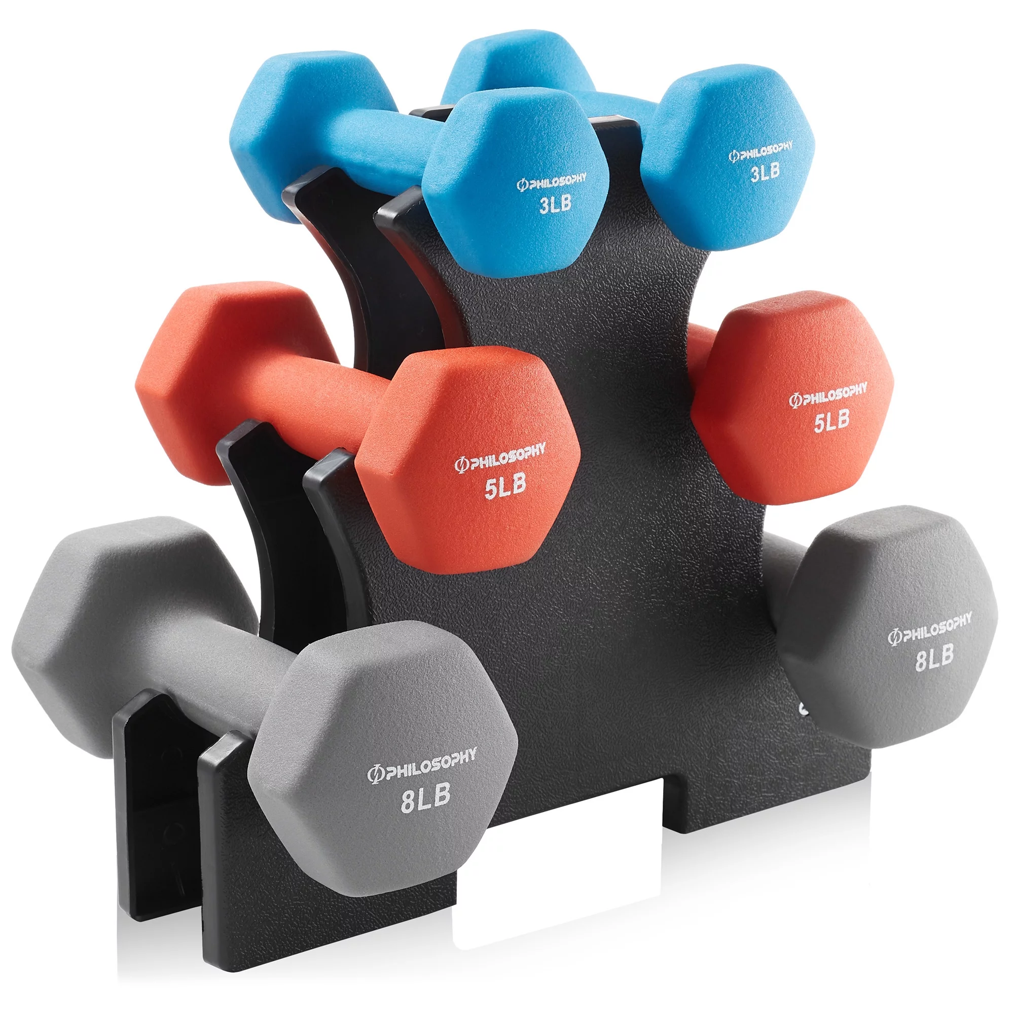 Philosophy Gym Neoprene Dumbbell Hand Weight with Stand, 20 Lbs. (2 Lb., 3 Lb., 5 Lb. Pairs) - Womvr