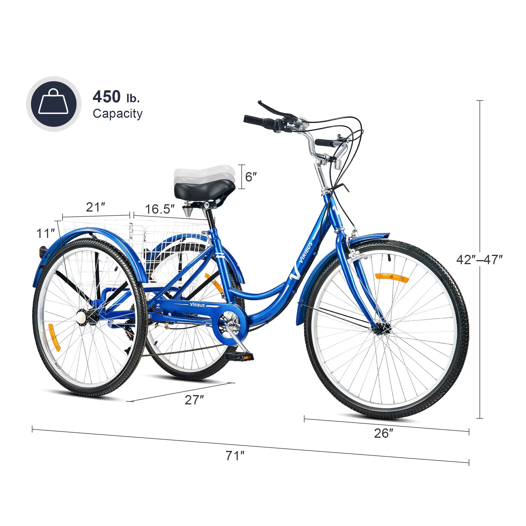 VIRIBUS 26 Inch Adult Tricycle 3 Wheel Bike with 7 Speeds & Basket for Men Women, Black - Womvr