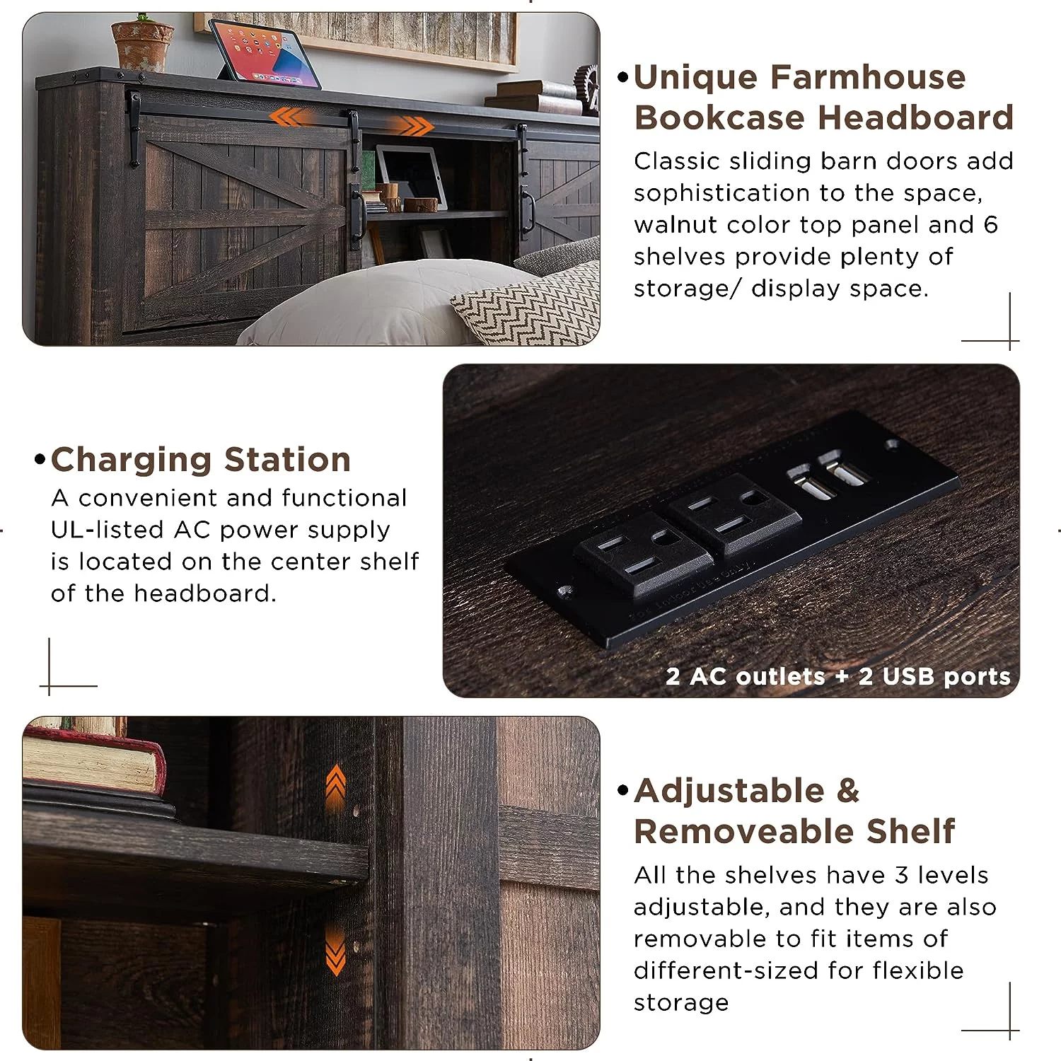 OKD Farmhouse Full Bed Frame, Wood Platform Bed with Bookcase Storage Headboard and Charging Station, No Box Spring Needed, Light Rustic Oak - Womvr